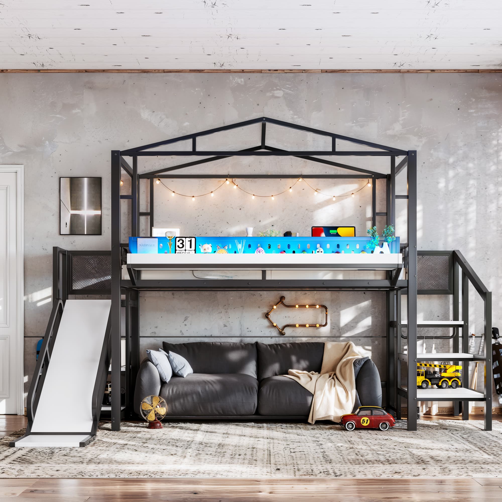 Twin Size Loft Bed With Storage Stairs, Shelves And Built-in Wardrobe, Metal Loft Bed Frame With USB Ports And LED Lights, Noise-reduced Design, Black 4
