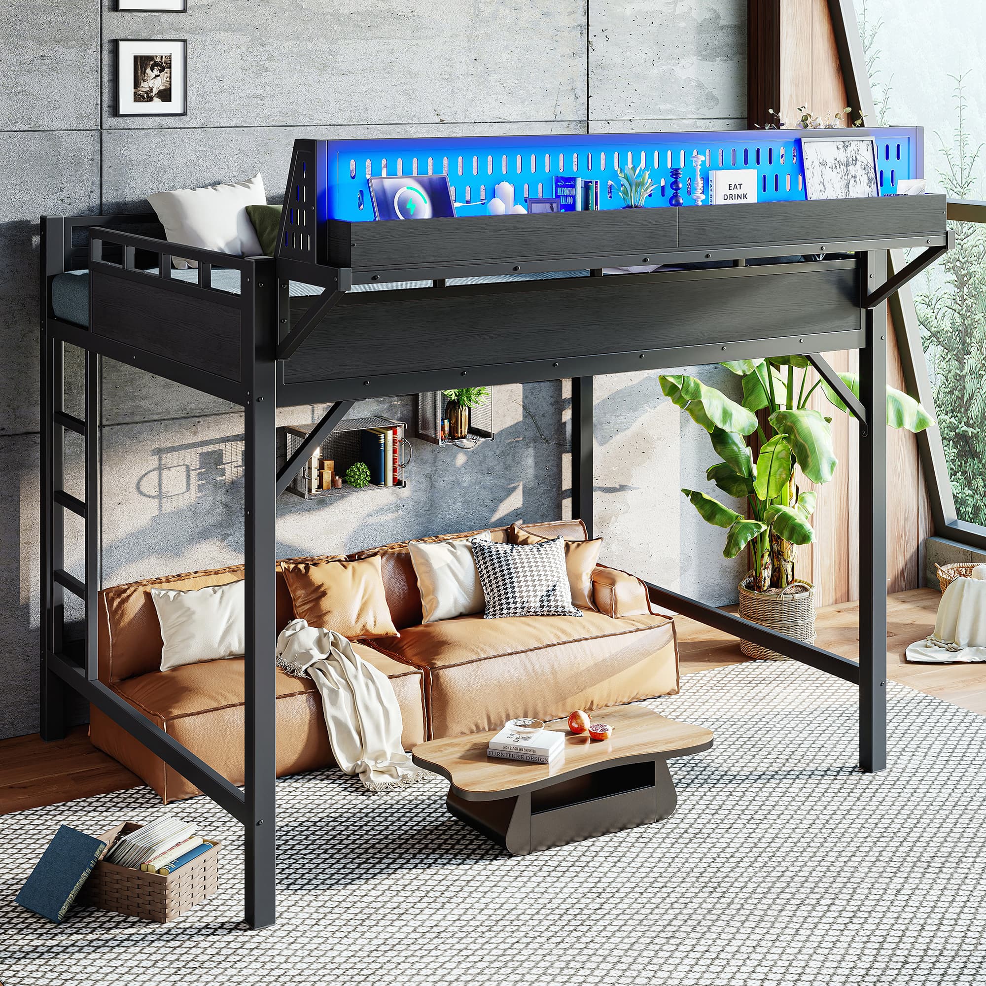 Queen Size Loft Bed Frame With Storage Shelves And Pegboard, Metal Loft Bed With USB Ports And LED Lights, Safe And Sturdy, Black