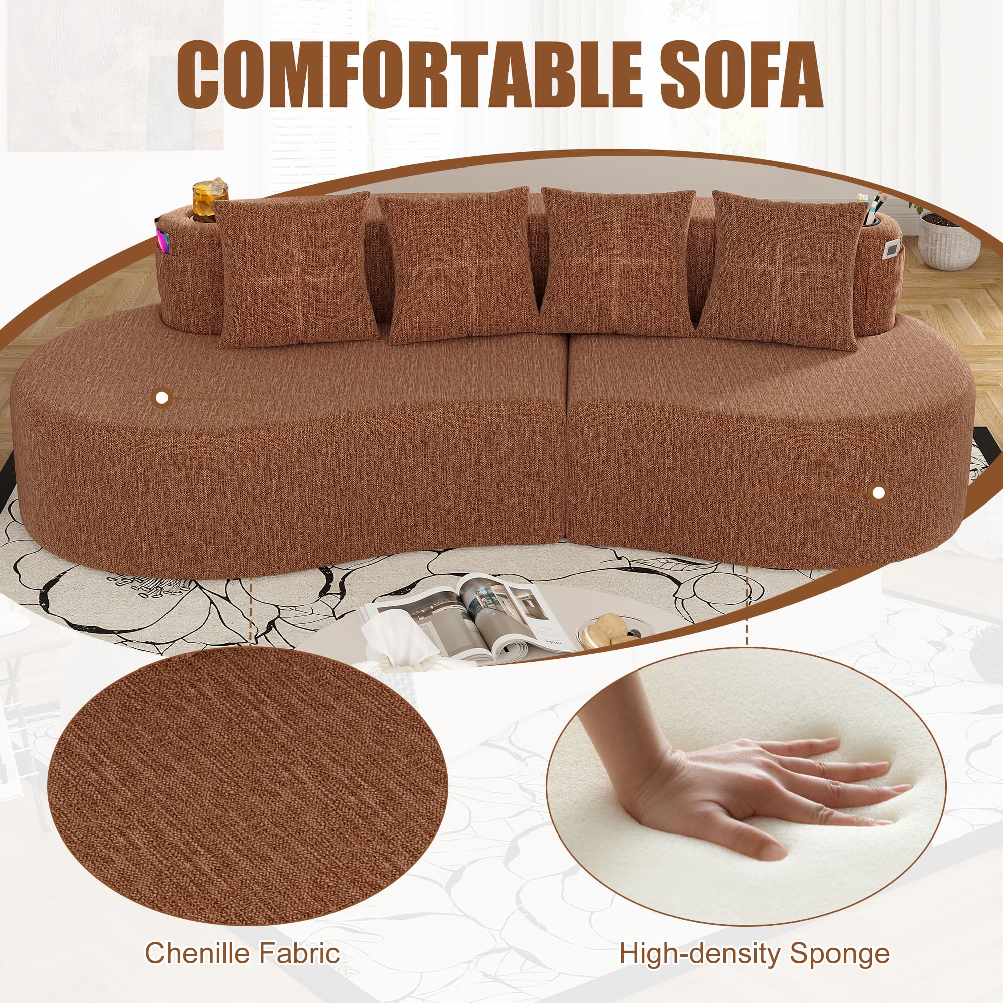 Modern Curved Sectional 3 Seat Minimalist Elegant Half Moon Sofa Compressed Modular Sectional Sofa For Living Room, Office, Apartment 5