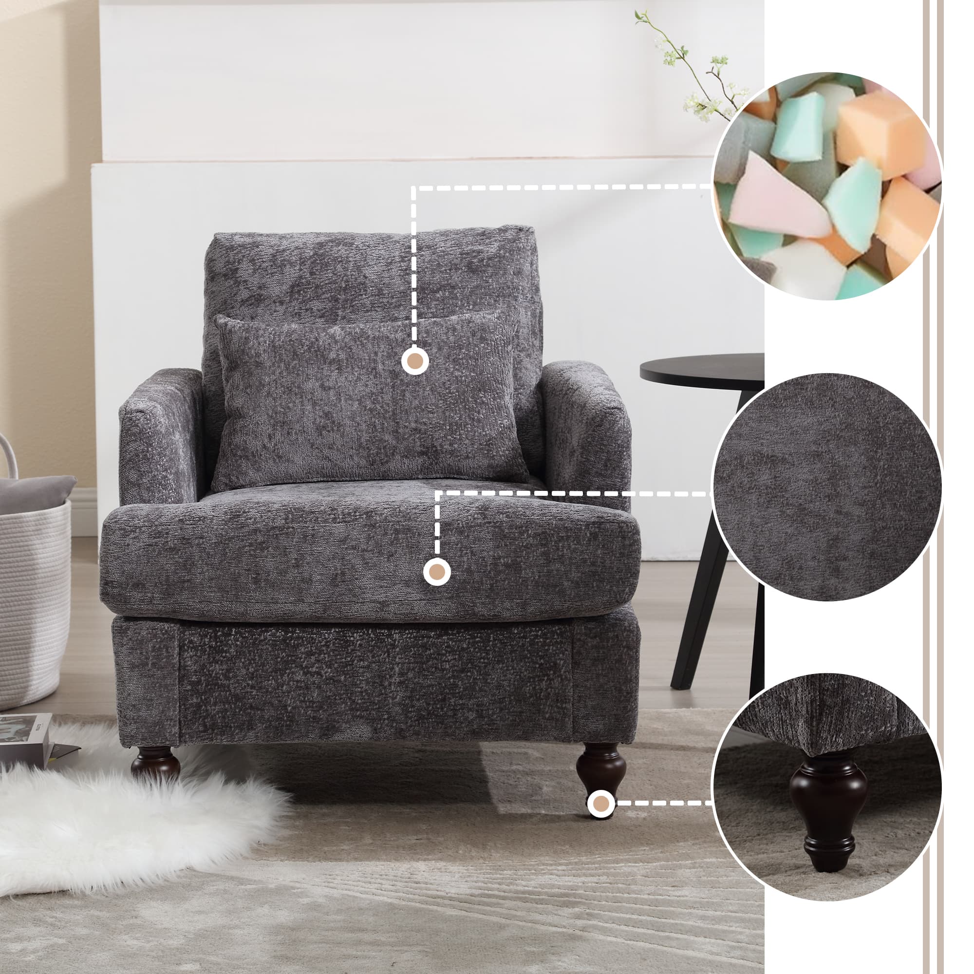 Wood Frame Armchair, Modern Accent Chair Lounge Chair For Living Room,Tufted Club Chair, Mid Century Modern Arm Chairs With Studded, Solid Wood Frame, For Bedroom, Reading Gray Chenille 4