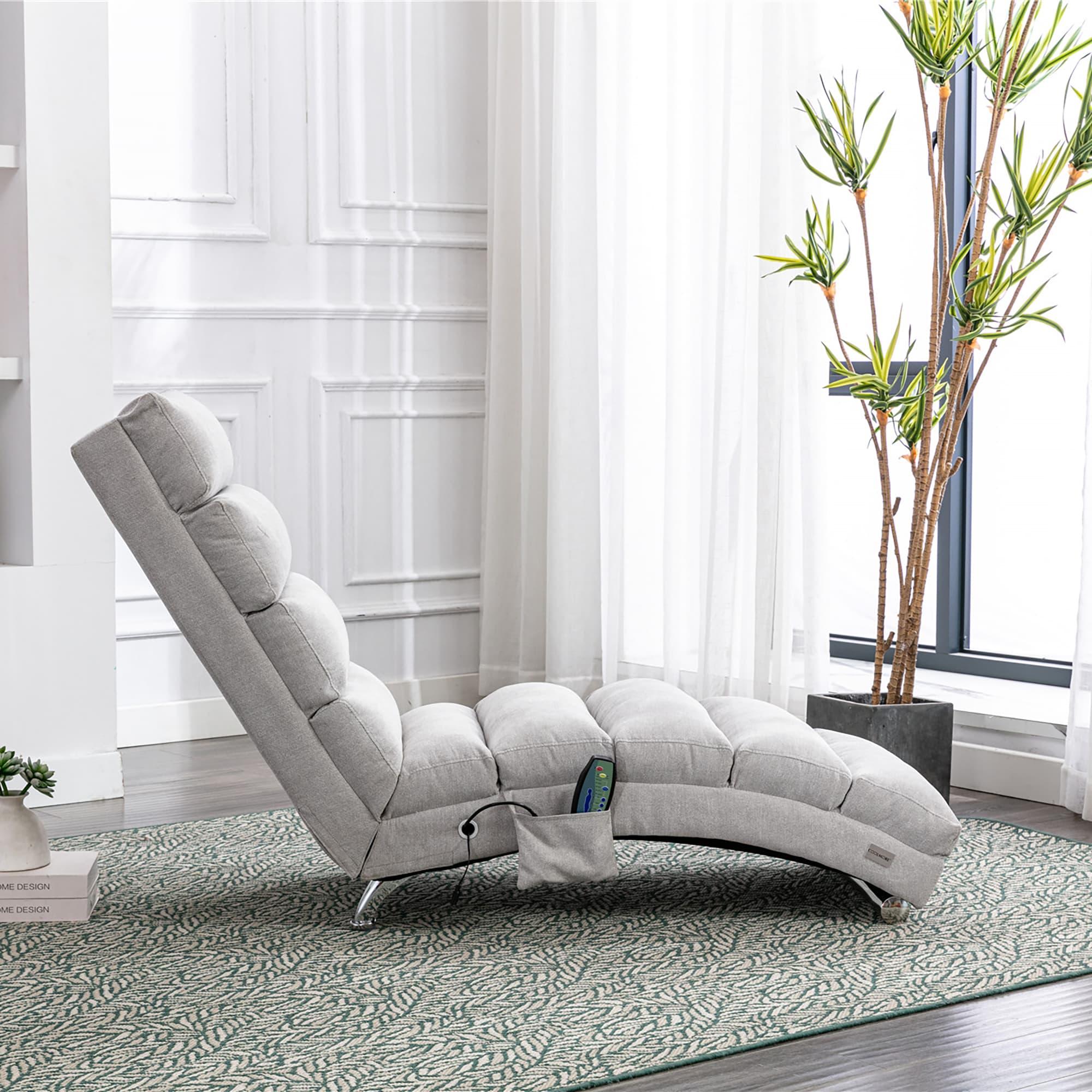 COOLMORE Luxury Upholstered Chaise Lounge Chair With Vibration For Relaxation, Modern Fixed Back Fabric Leisure Recliner Sofa For Living Room Bedroom