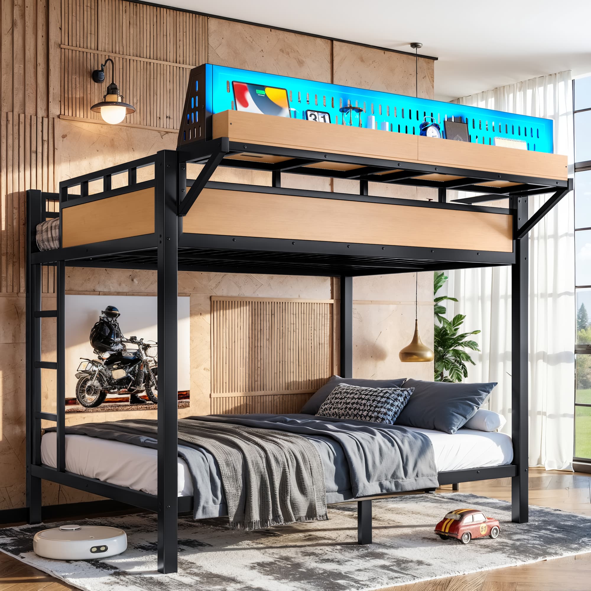 Full Over Full Size Metal Bunk Bed With Storage Shelves And Pegboard, Bunk Bed Frame With USB Ports And LED Lights, Space-Saving, For Teens And Adults, Natural