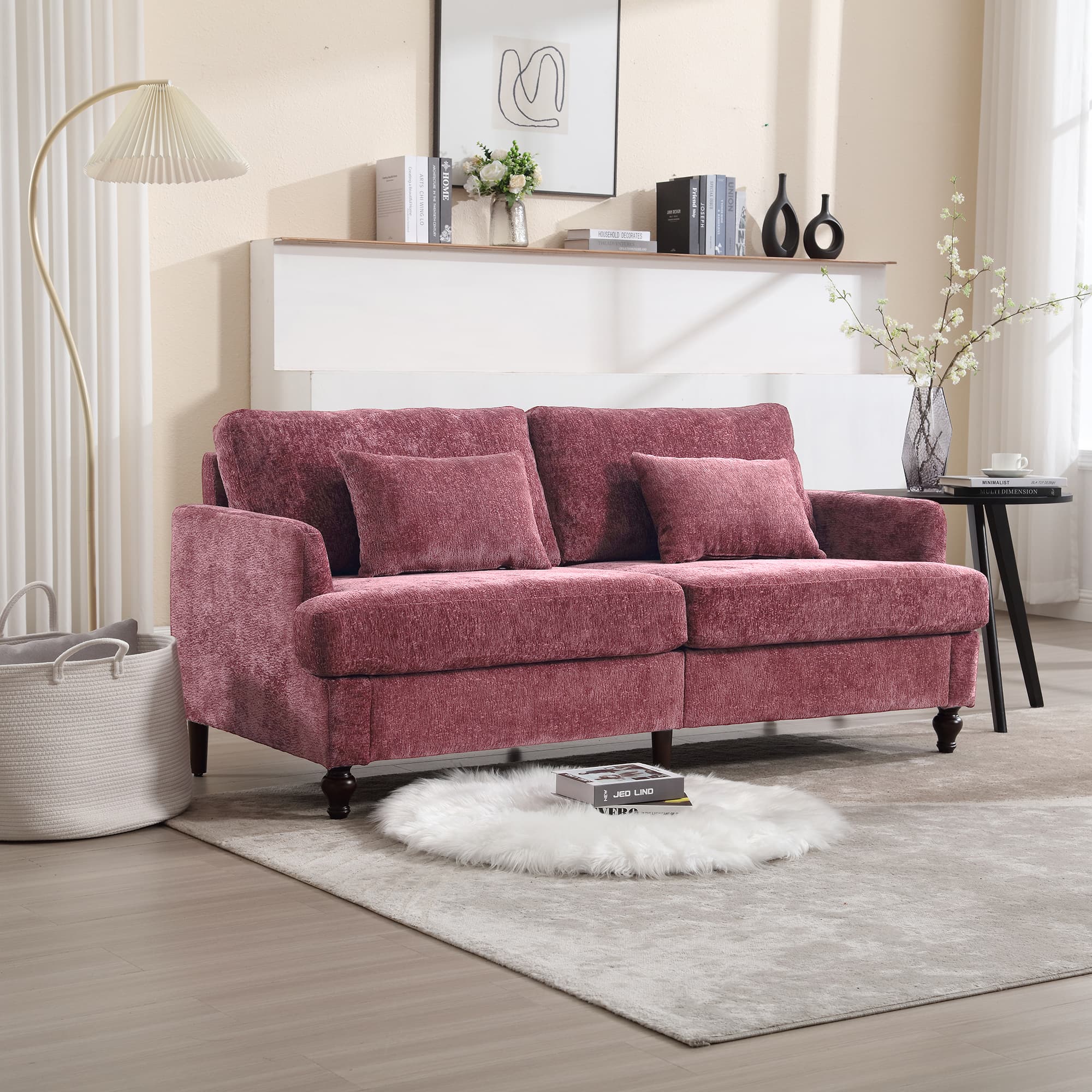 Mid Century Modern Chenille Fabric Loveseat Sofa, 2-Seat Upholstered Loveseat Sofa Modern Couch For Living Room,Brown Wood Feet Sofa For Bedroom, Reading Wine Red Chenille 4