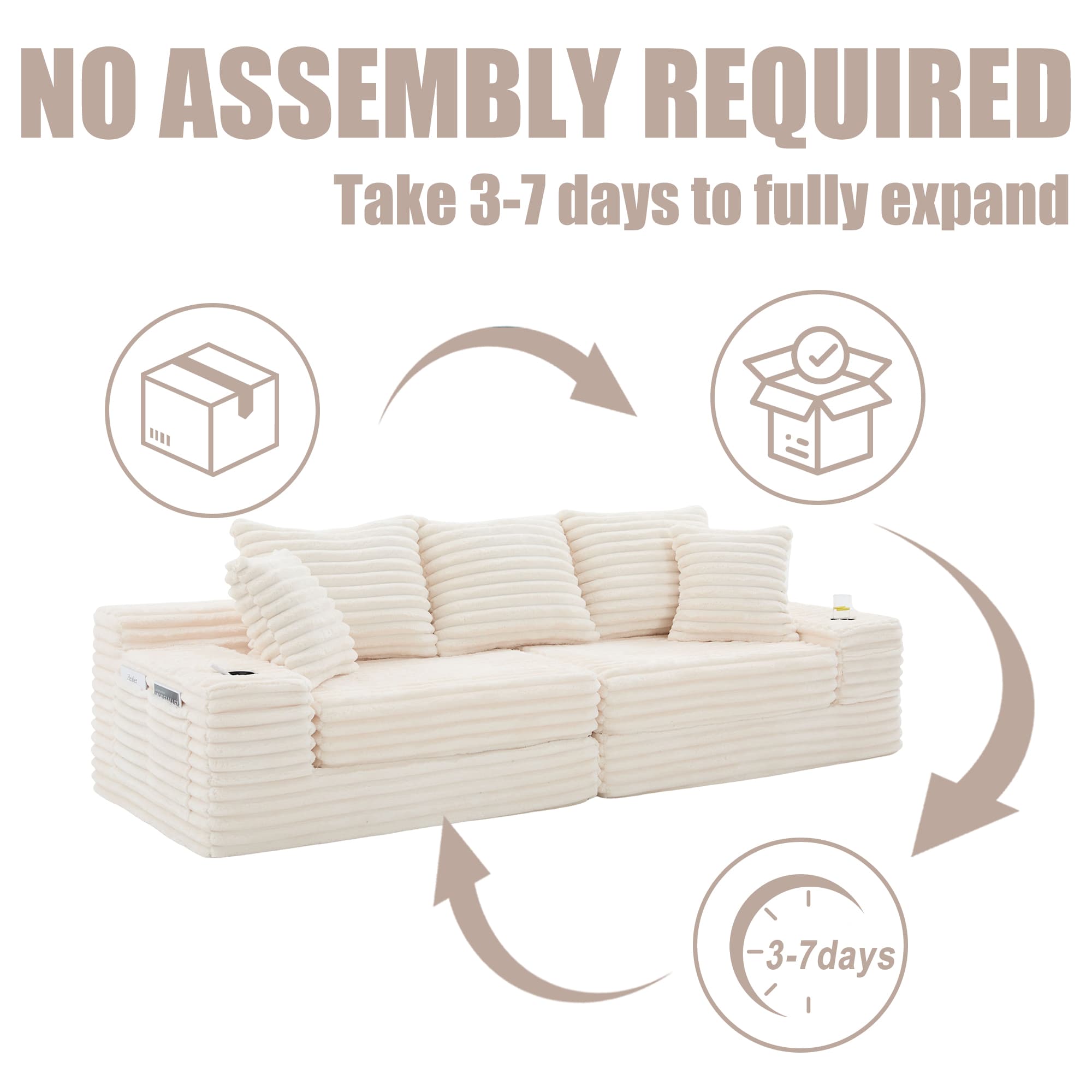 Oversized Boneless Four Seats Sofa With Cup Holder And Side Pockets, Upholstered Corduroy Sofa Bed Cloud Couch With 3 Pillows, 2 Lumbar Pillows.Living Room, Bedroom,No Assembly ,Breathable Material 2