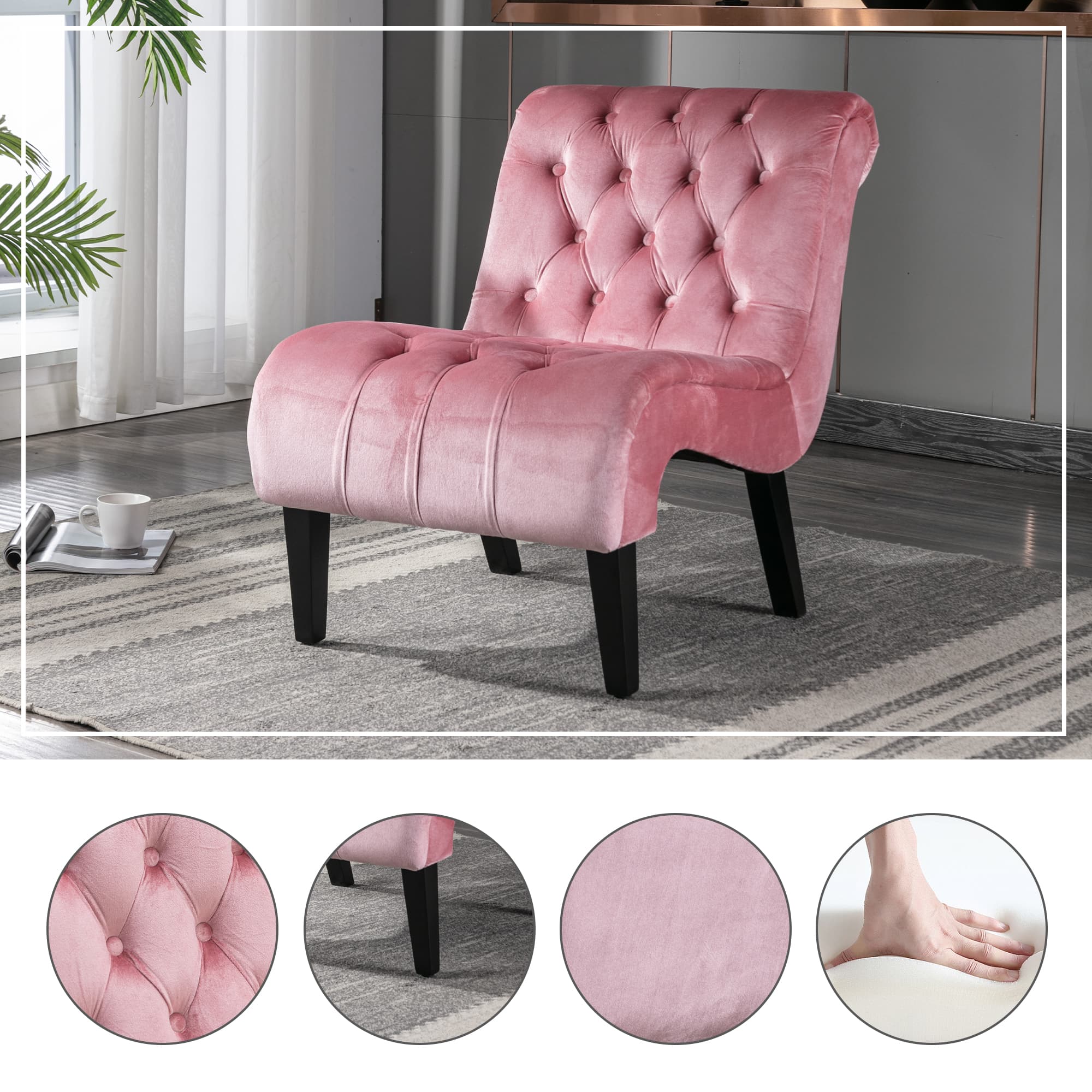 COOLMORE Modern Velvet Armless Accent Living Room Chair Leisure Chair,Upholstered Fabric Button Comfortable Chair With Wooden Legs For Bedroom, Living Room, Office Velvet 4