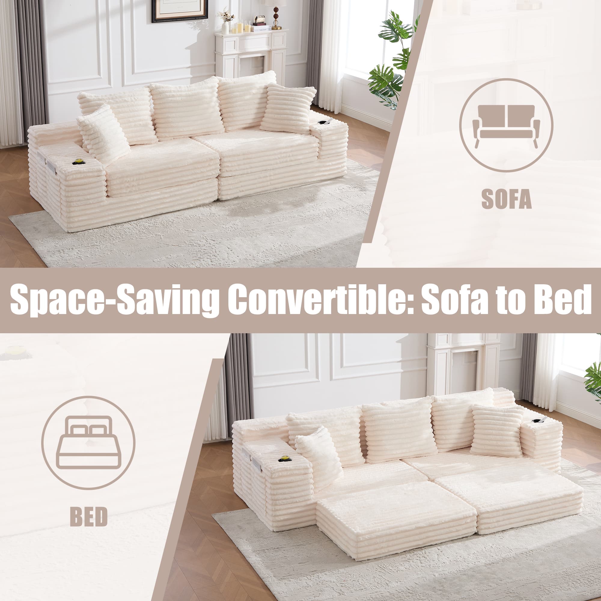 Oversized Boneless Four Seats Sofa With Cup Holder And Side Pockets, Upholstered Corduroy Sofa Bed Cloud Couch With 3 Pillows, 2 Lumbar Pillows.Living Room, Bedroom,No Assembly ,Breathable Material 4