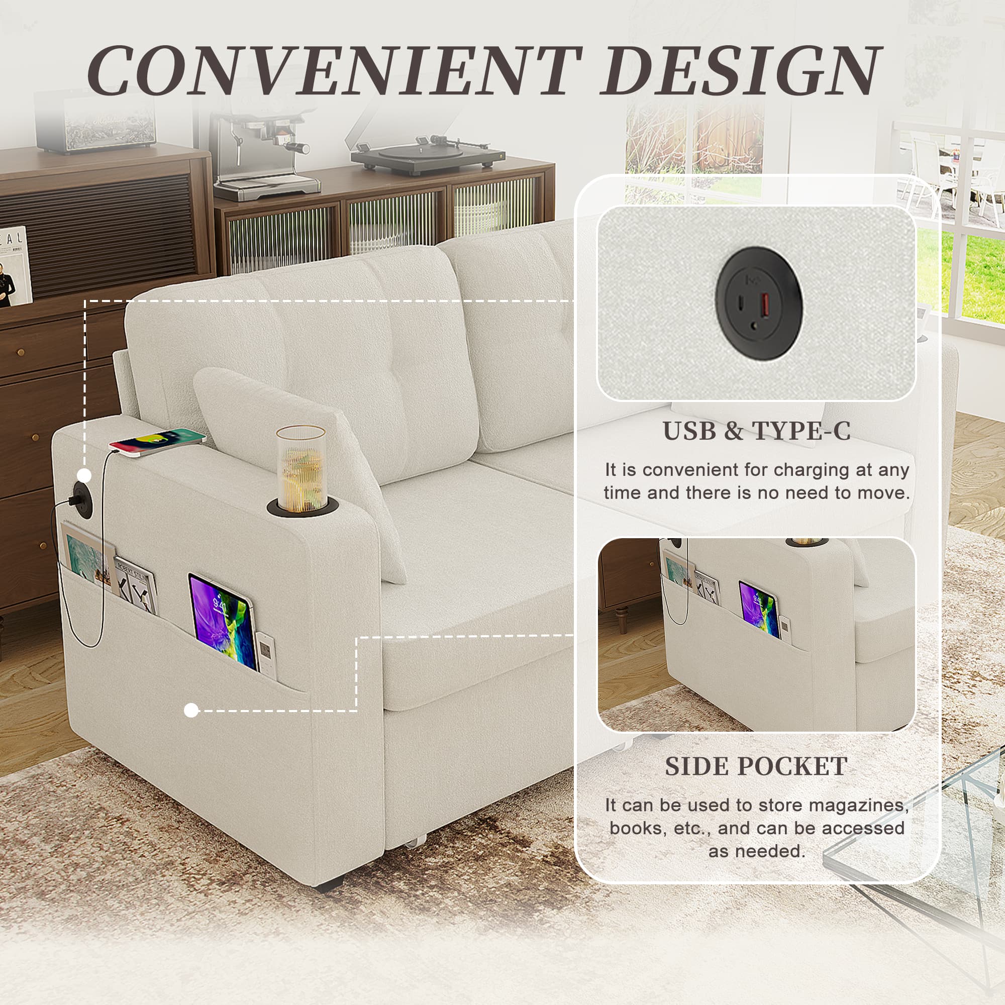 Sofas For Living Room, Couch Set,3 Seats Sofa, USB Charging,Wood Frame,Easy To Install,with Storage, Charging Station,Cup Holder,Modern Sectional Sofas For Living Room, Apartment,Chenille Fabric