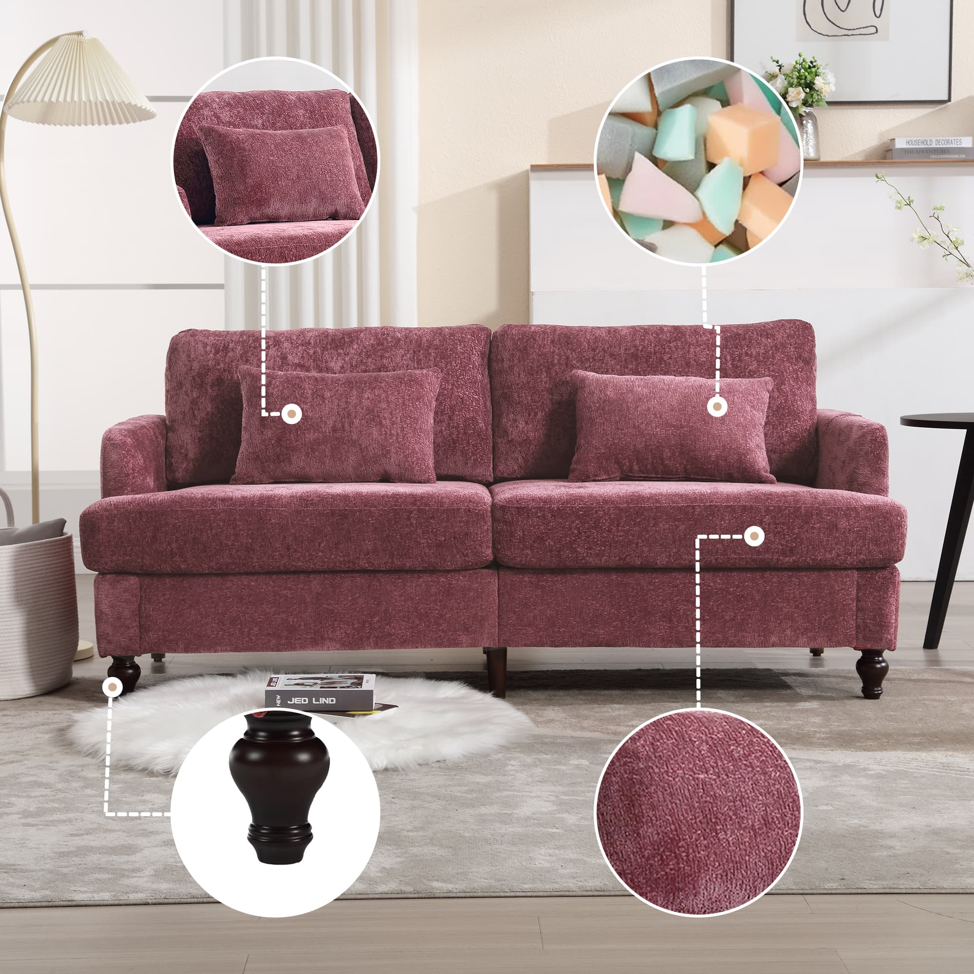 Mid Century Modern Chenille Fabric Loveseat Sofa, 2-Seat Upholstered Loveseat Sofa Modern Couch For Living Room,Brown Wood Feet Sofa For Bedroom, Reading Wine Red Chenille 5