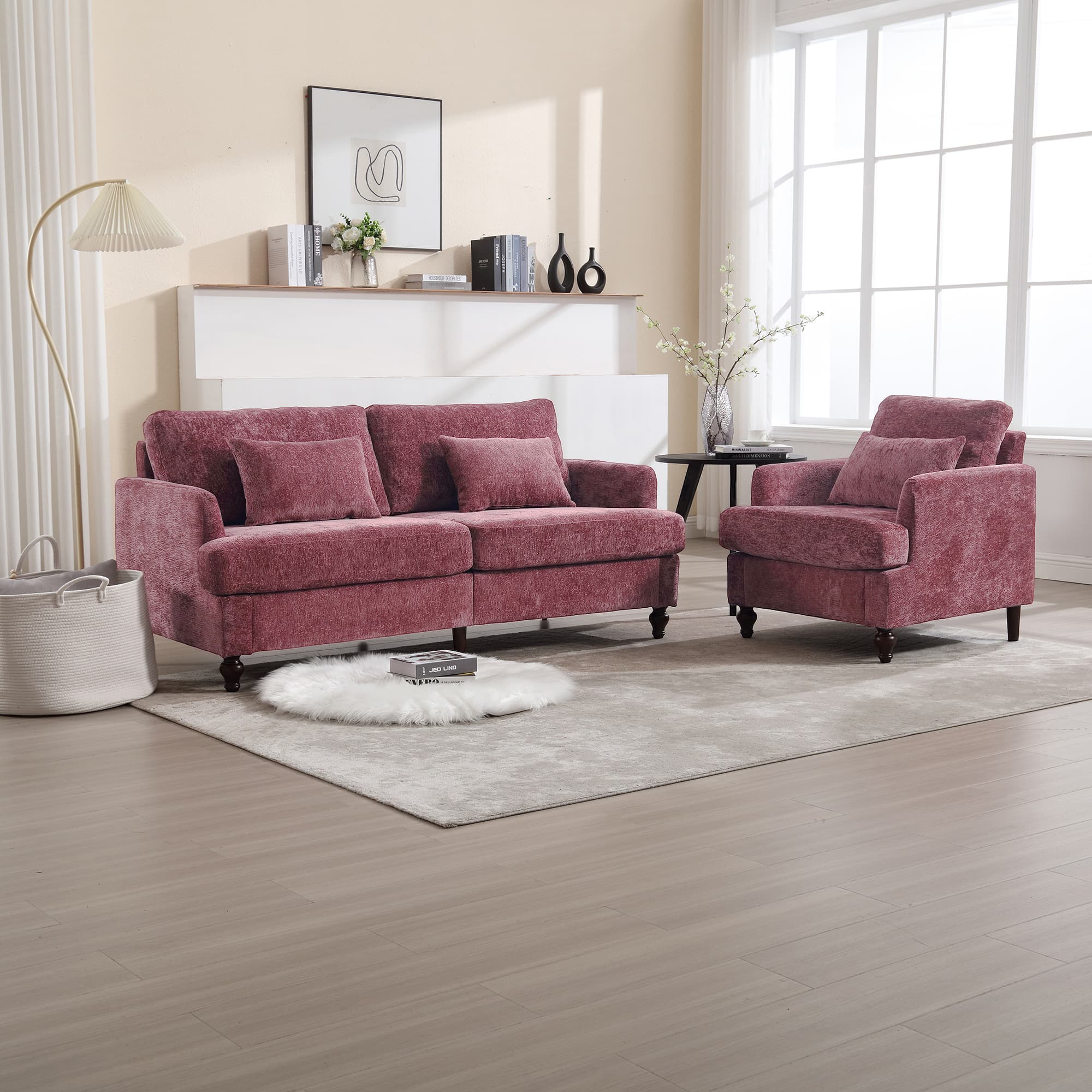 Mid Century Modern Chenille Fabric Loveseat Sofa, 2-Seat Upholstered Loveseat Sofa Modern Couch For Living Room,Brown Wood Feet Sofa For Bedroom, Reading Wine Red Chenille 2