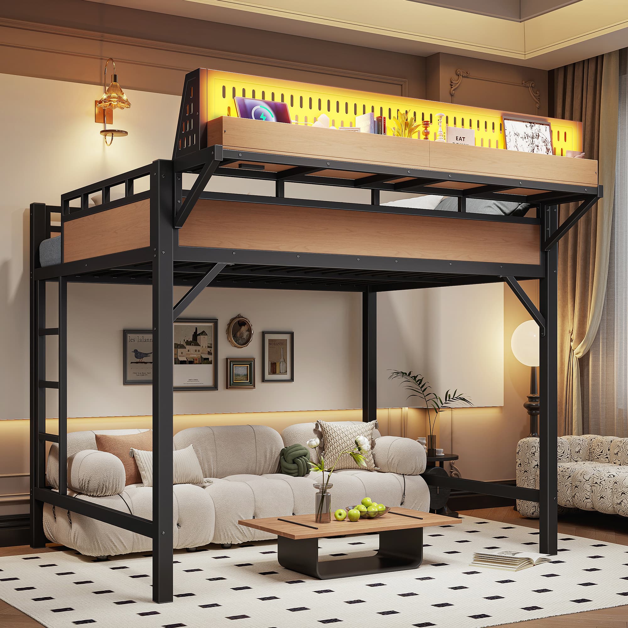 Full Size Loft Bed Frame With Storage Shelves And Pegboard, Metal Loft Bed With USB Ports And LED Lights, Safe And Sturdy, Natural 5