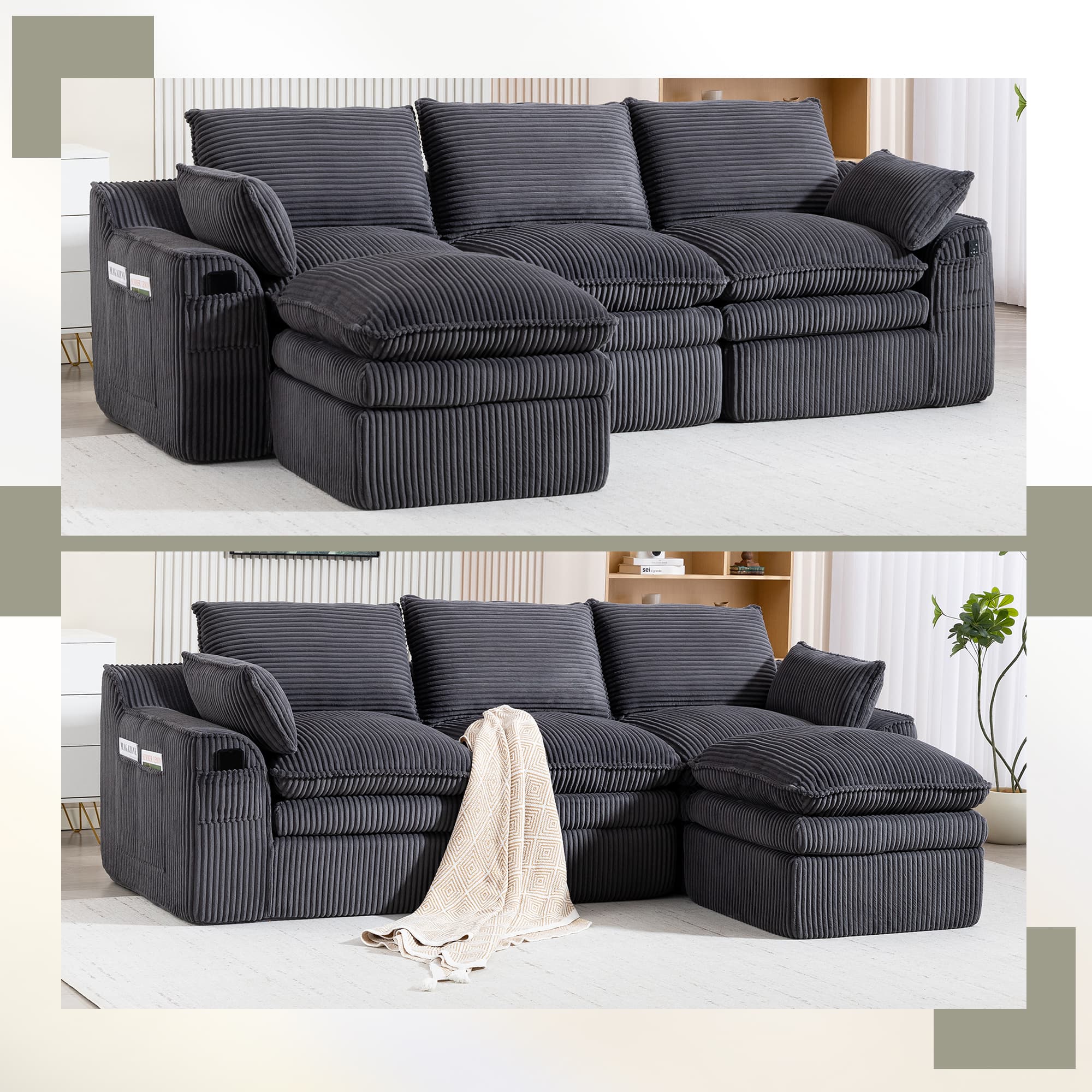 L Shaped Compressed Modular Sectional Sofa Modern Corduroy Upholstered Boneless Couches With Movable Footstool,With Three Pillows And Two Lumbar Pillows,Detachable Cloud Seat Cushions 3