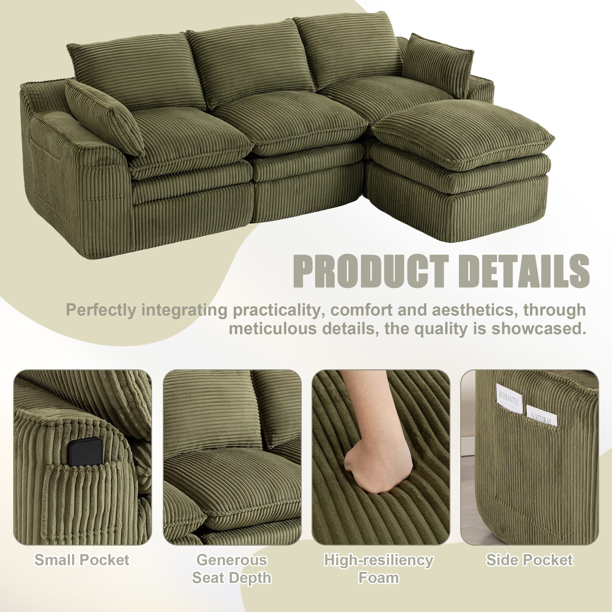 L Shaped Compressed Modular Sectional Sofa Modern Corduroy Upholstered Boneless Couches With Movable Footstool,With Three Pillows And Two Lumbar Pillows,Detachable Cloud Seat Cushions 3