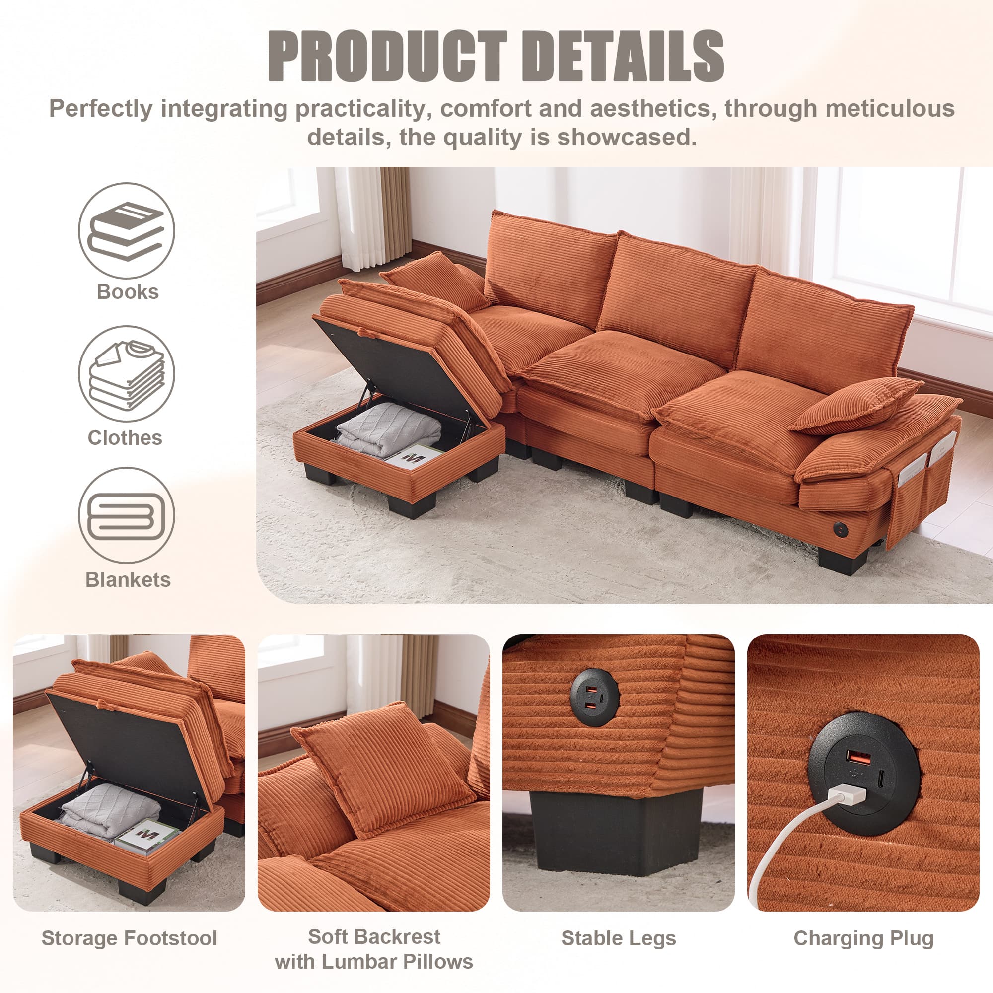 Sectional Cloud Modular Sofa,Deep Seat Sofa, Corduroy Sofa,Comfy Upholstered Furniture For Living Room, Apartment, Studio, Office,Having Multiple Combinations