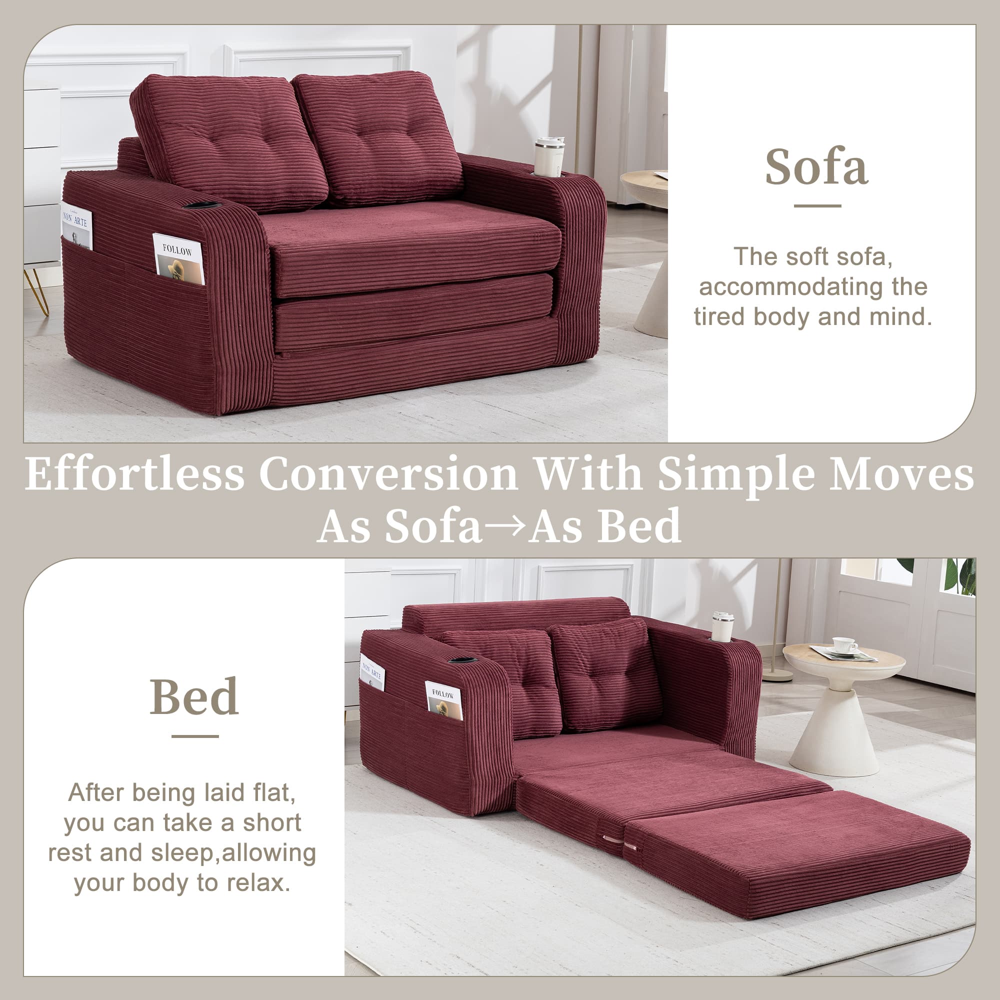 Convertible Sofa Bed,Expandable Double Sofa Bed, 2 In 1 Convertible Sofa Bed, Fold Out Floor Couch With Pillows For Living Room Bedroom Lounge