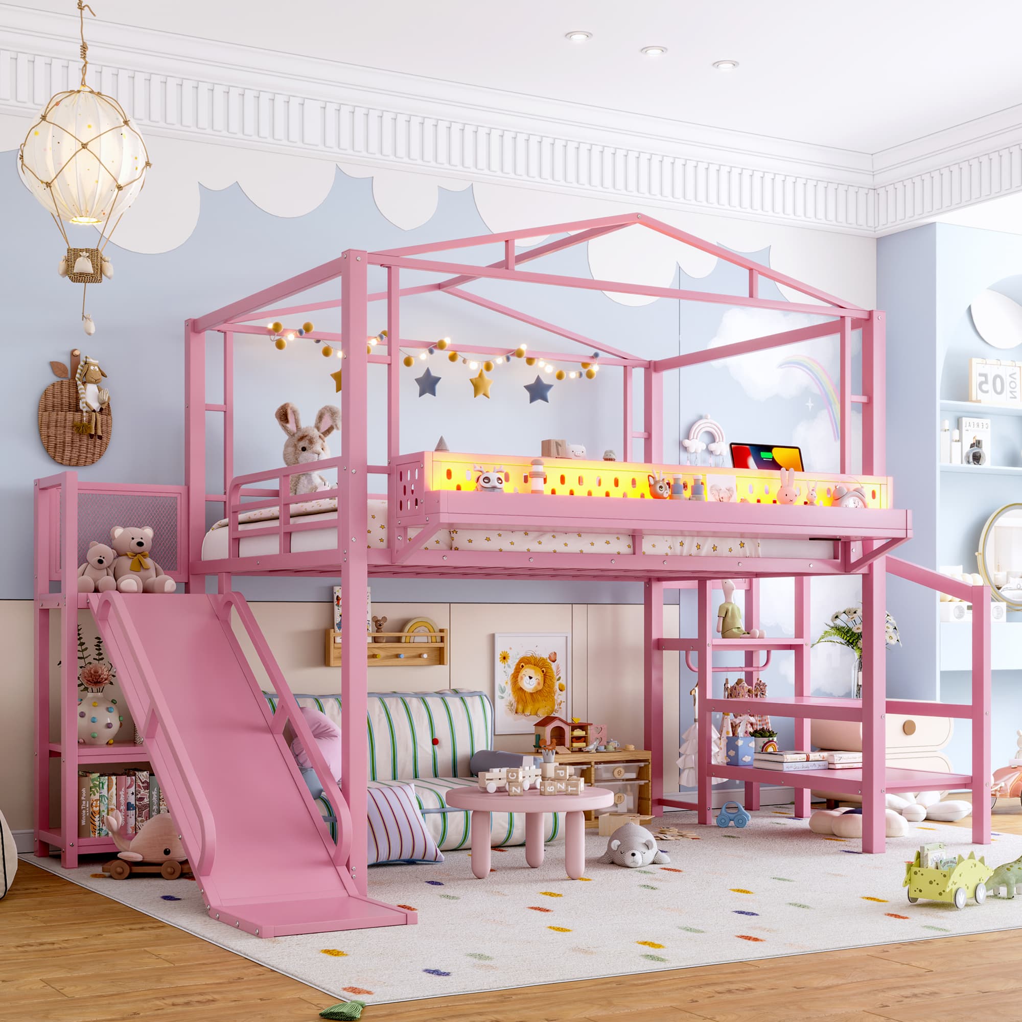 Full Size Loft Bed With Storage Stairs, Shelves And Built-in Wardrobe, Metal Loft Bed Frame With USB Ports And LED Lights, Noise-reduced Design, Pink 4