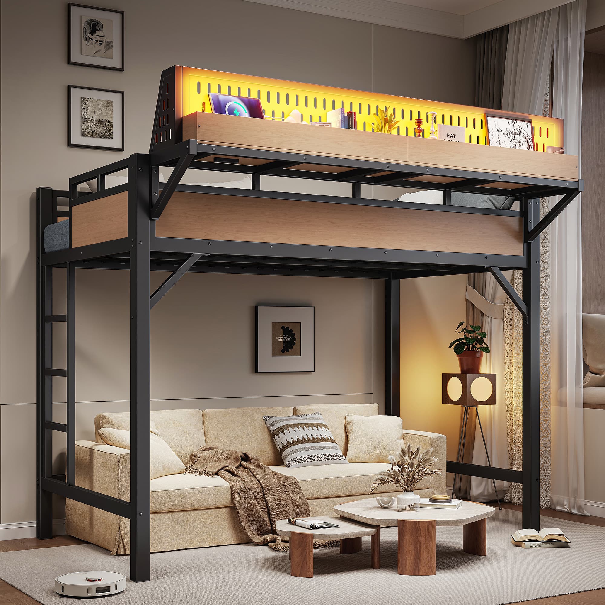 Twin XL Size Loft Bed Frame With Storage Shelves And Pegboard, Metal Loft Bed With USB Ports And LED Lights, Safe And Sturdy, Natural