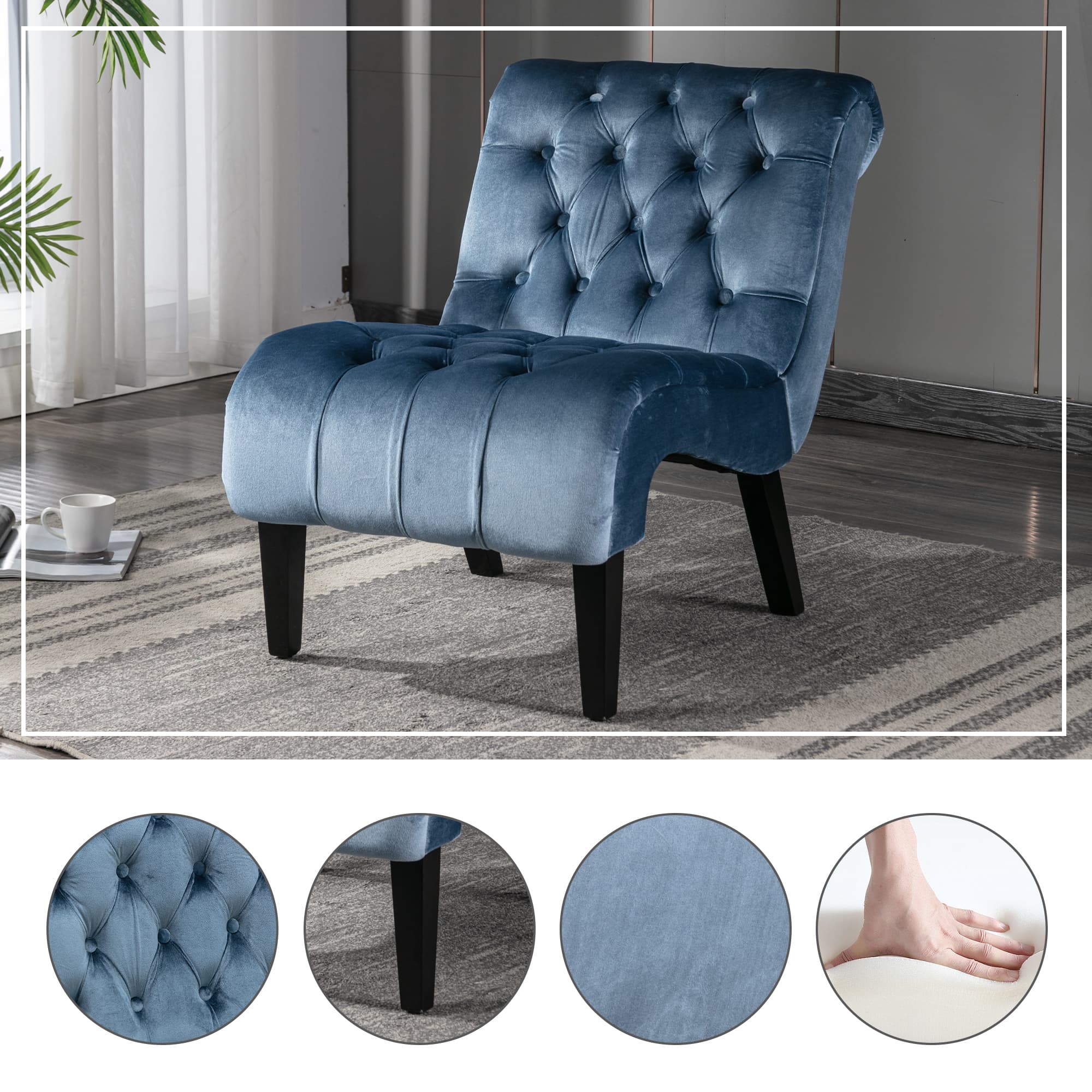 COOLMORE Modern Velvet Armless Accent Living Room Chair   Leisure Chair,Upholstered Fabric Button Comfortable Chair With Wooden Legs For Bedroom, Living Room, Office  Light Blue Velvet
