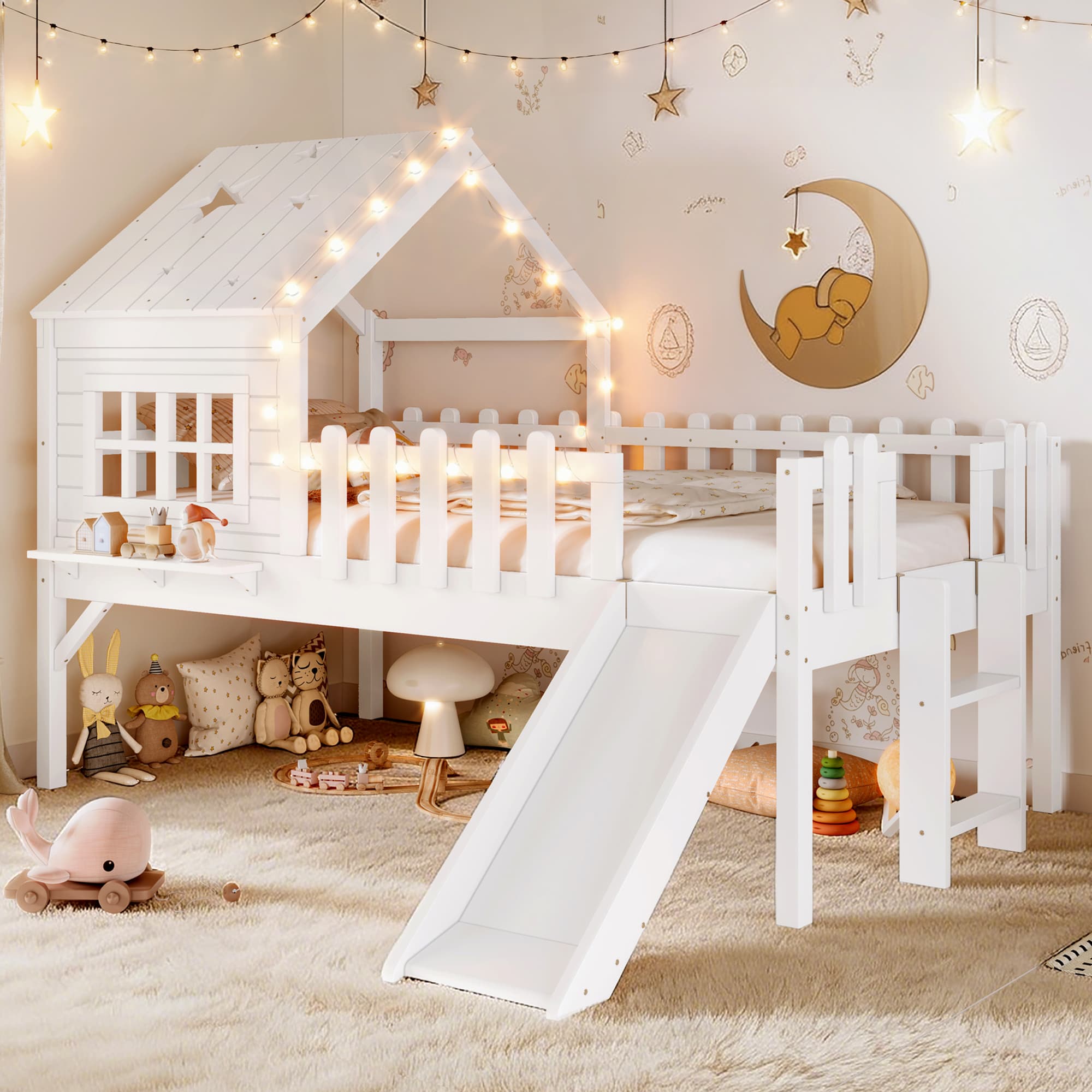 Twin Size House Loft Bed With Slide,Playhouse Bed With Star-shaped Designs And Window, Chic Design With LED Lights,No Box Spring Needed,White 5