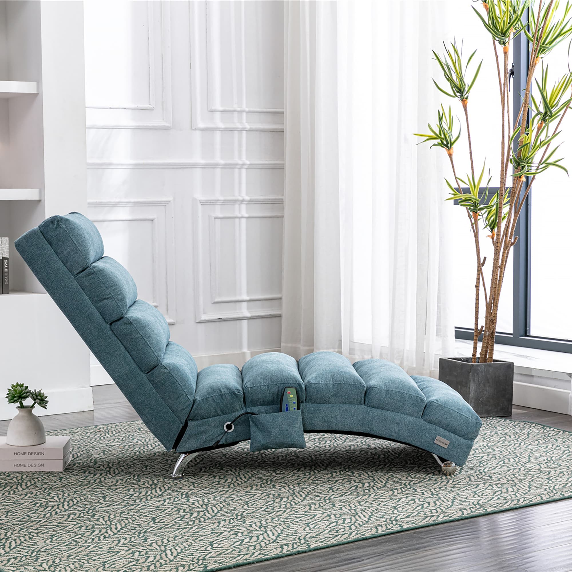 COOLMORE Luxury Upholstered Chaise Lounge Chair With Vibration For Relaxation, Modern Fixed Back Fabric Leisure Recliner Sofa For Living Room Bedroom