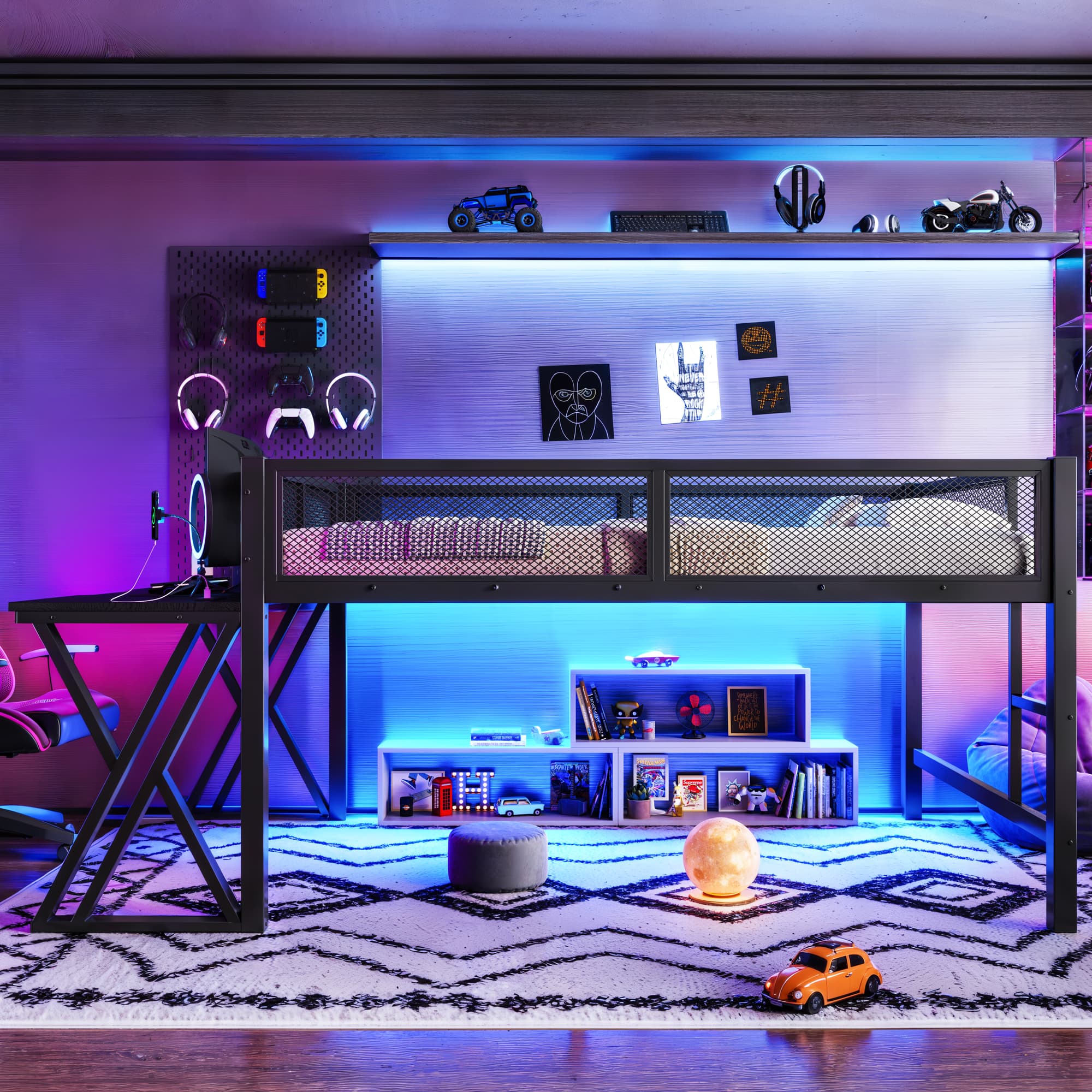 Full Size Gaming Loft Bed With Desk Of X-shaped Leg ,LED Lights, USB Ports, Staircase & Mesh Guardrail - Black Metal Frame, Space-Saving Elevated Bed For Dorms, Bedrooms, & Gaming Setups 3