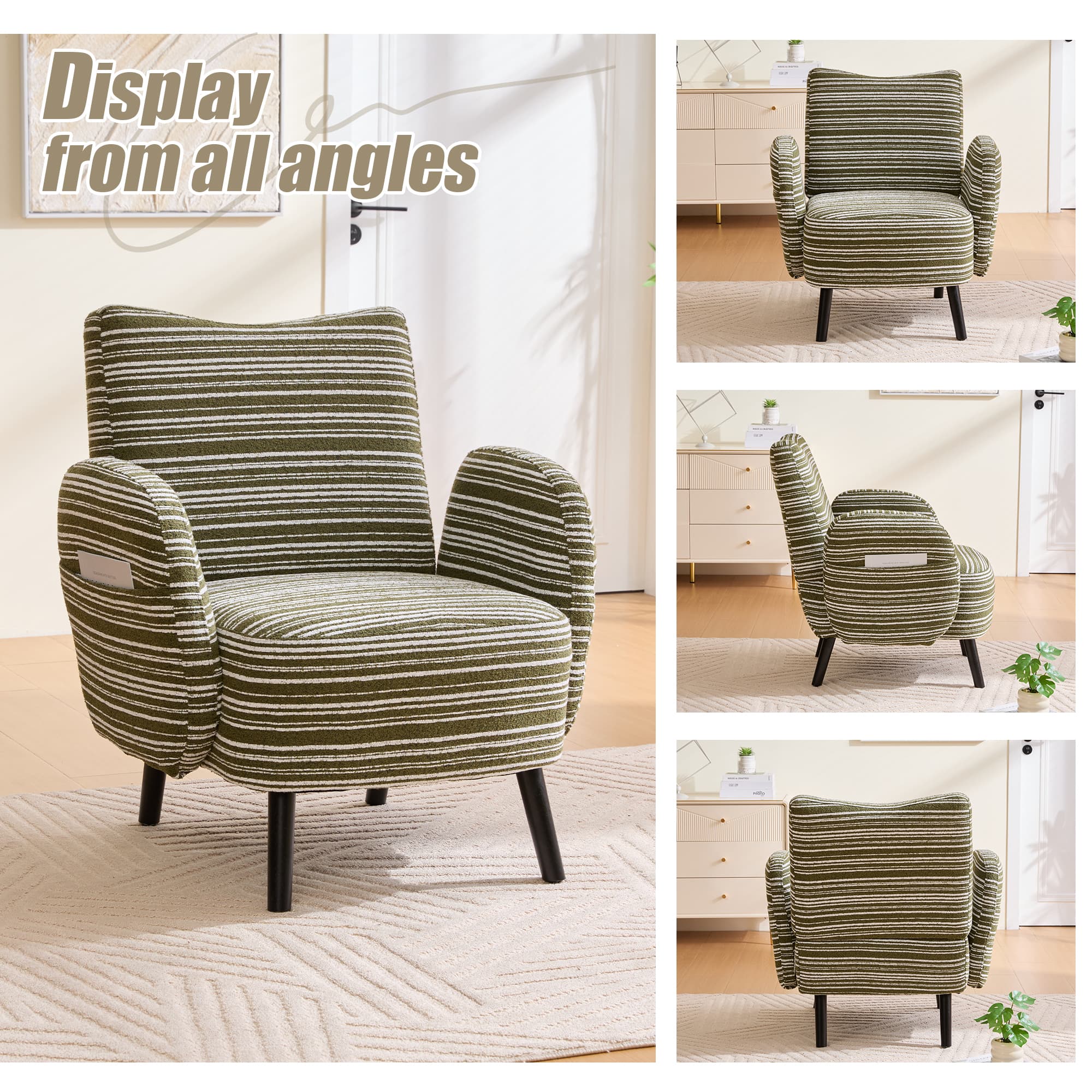 Modern Style Armchair With Sanded Fabric, Side Storage Pocket, Solid Wood Legs, Comfortable Reading Chair For Living Room, Bedroom, Office 3