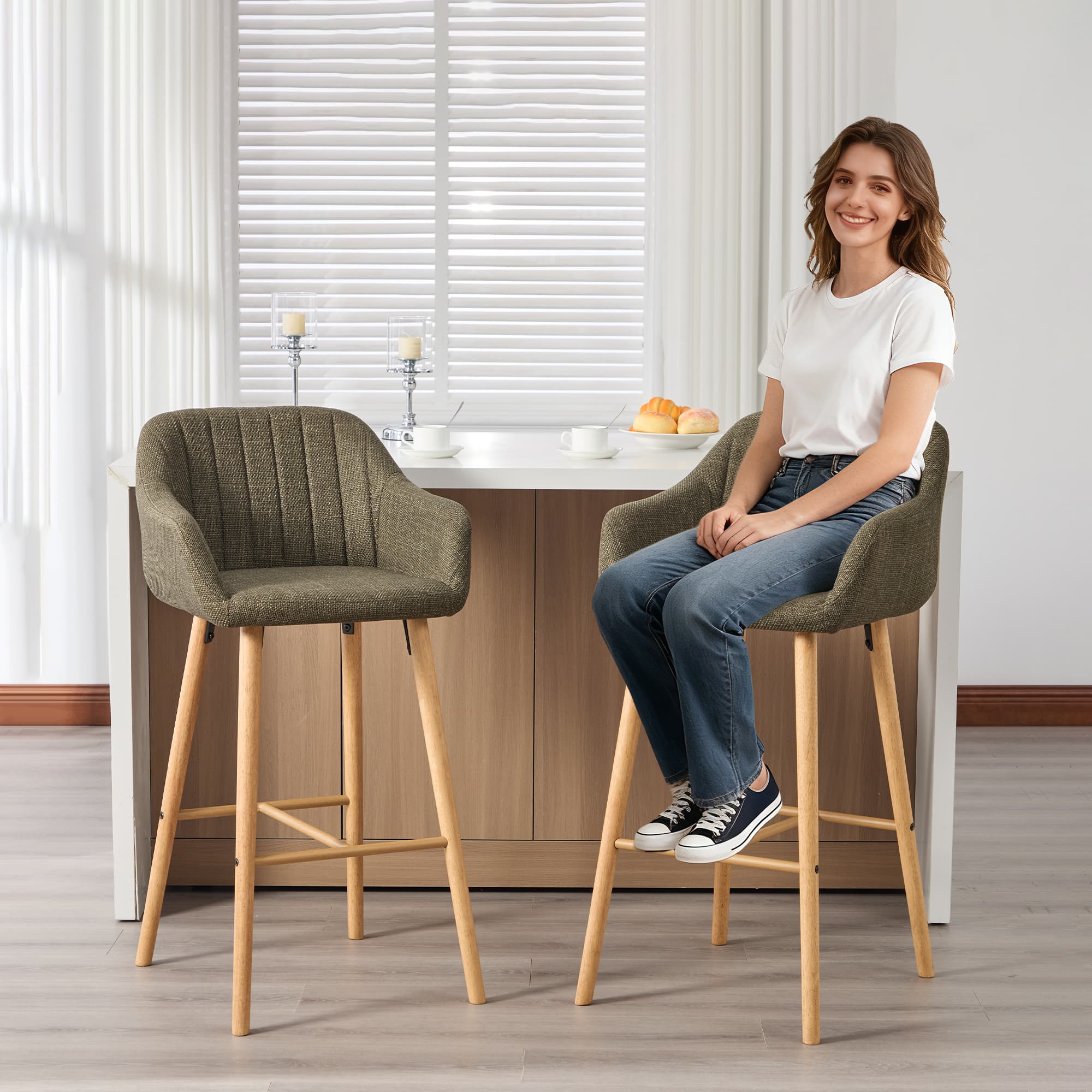 Modern Bar Stools Set Of 2, Kitchen Island Tall Chairs With Back, Arm, Footrest And Solid Wood Leg, Linen Fabric Upholstered Bar Stools 4