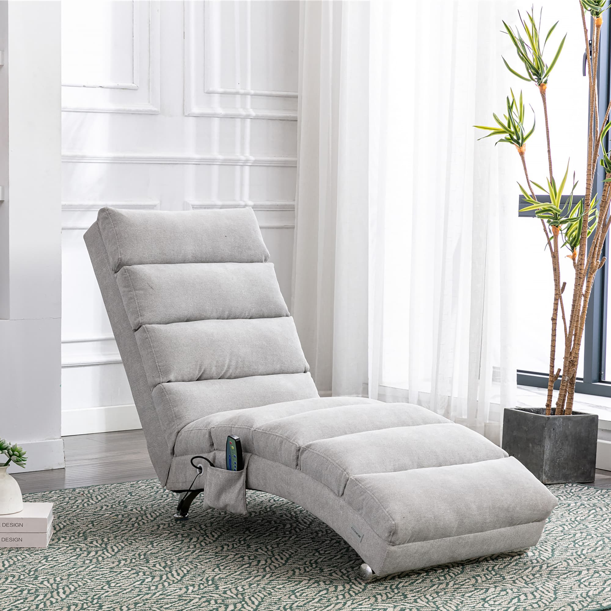 COOLMORE Luxury Upholstered Chaise Lounge Chair With Vibration For Relaxation, Modern Fixed Back Fabric Leisure Recliner Sofa For Living Room Bedroom 2