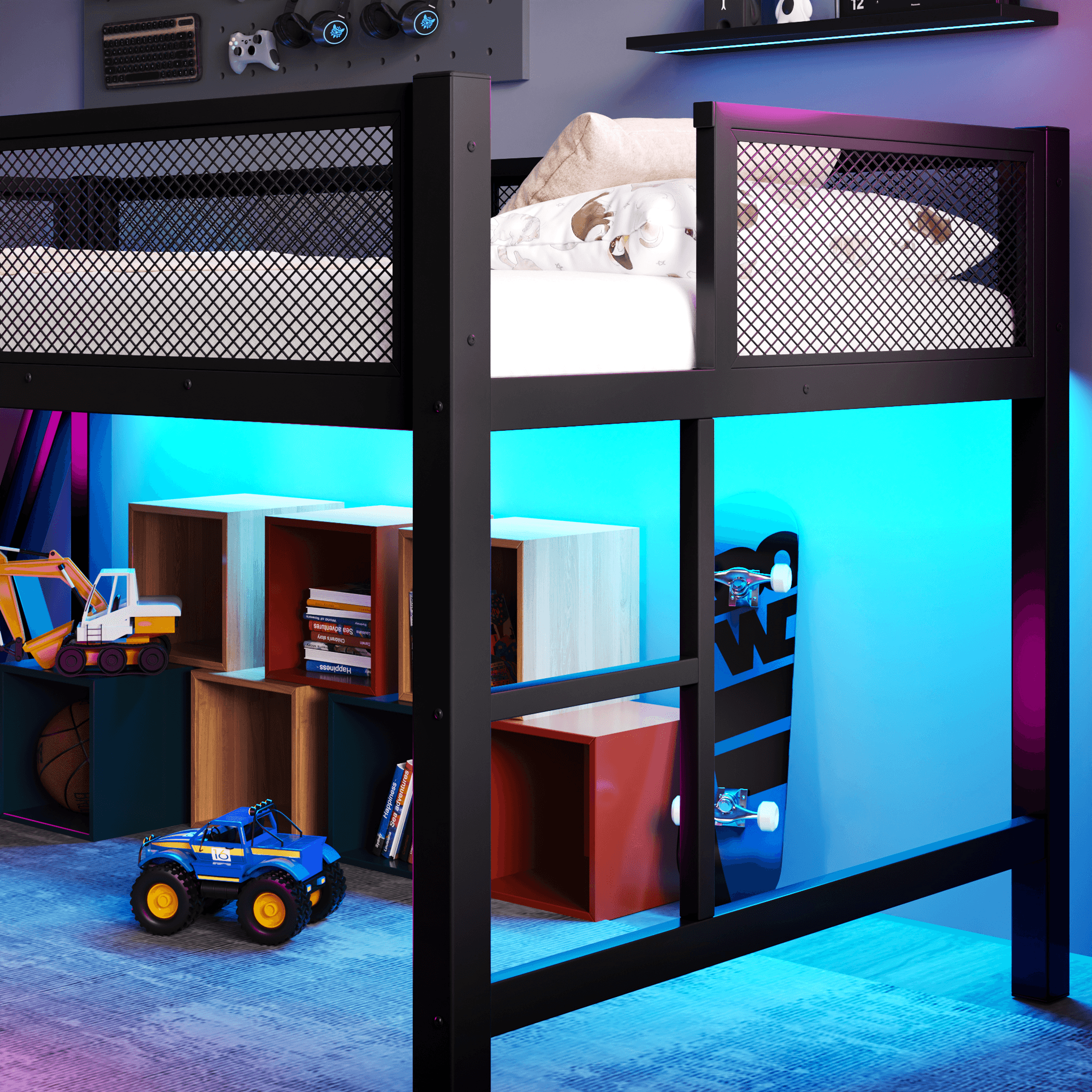 Full Size Gaming Loft Bed With Desk Of X-shaped Leg ,LED Lights, USB Ports, Staircase & Mesh Guardrail - Black Metal Frame, Space-Saving Elevated Bed For Dorms, Bedrooms, & Gaming Setups 2