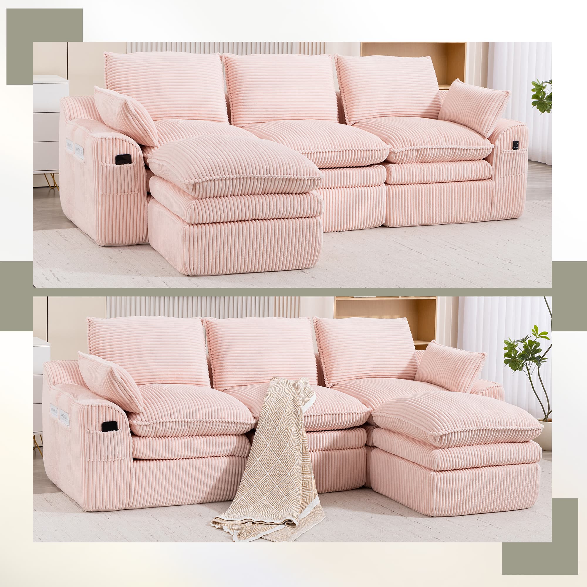 L Shaped Compressed Modular Sectional Sofa Modern Corduroy Upholstered Boneless Couches With Movable Footstool,With Three Pillows And Two Lumbar Pillows,Detachable Cloud Seat Cushions 2