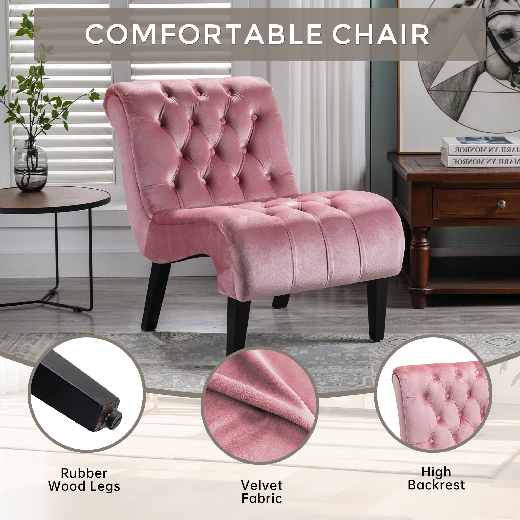 COOLMORE Modern Velvet Armless Accent Living Room Chair Leisure Chair,Upholstered Fabric Button Comfortable Chair With Wooden Legs For Bedroom, Living Room, Office Velvet 3