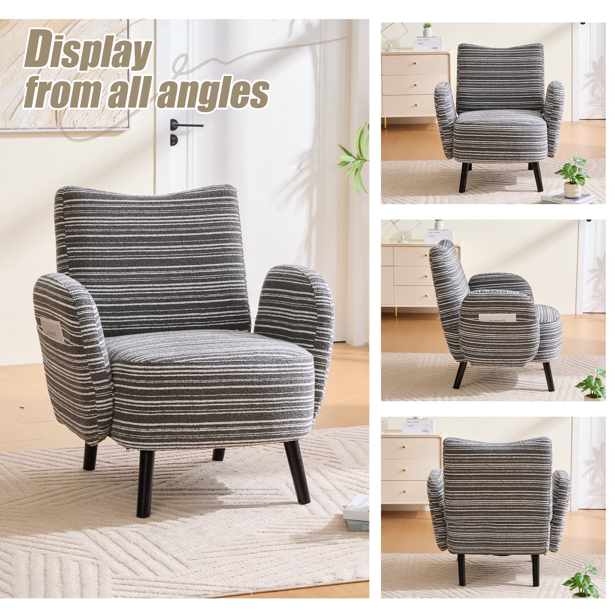 Modern Style Armchair With Sanded Fabric, Side Storage Pocket, Solid Wood Legs, Comfortable Reading Chair For Living Room, Bedroom, Officel 5
