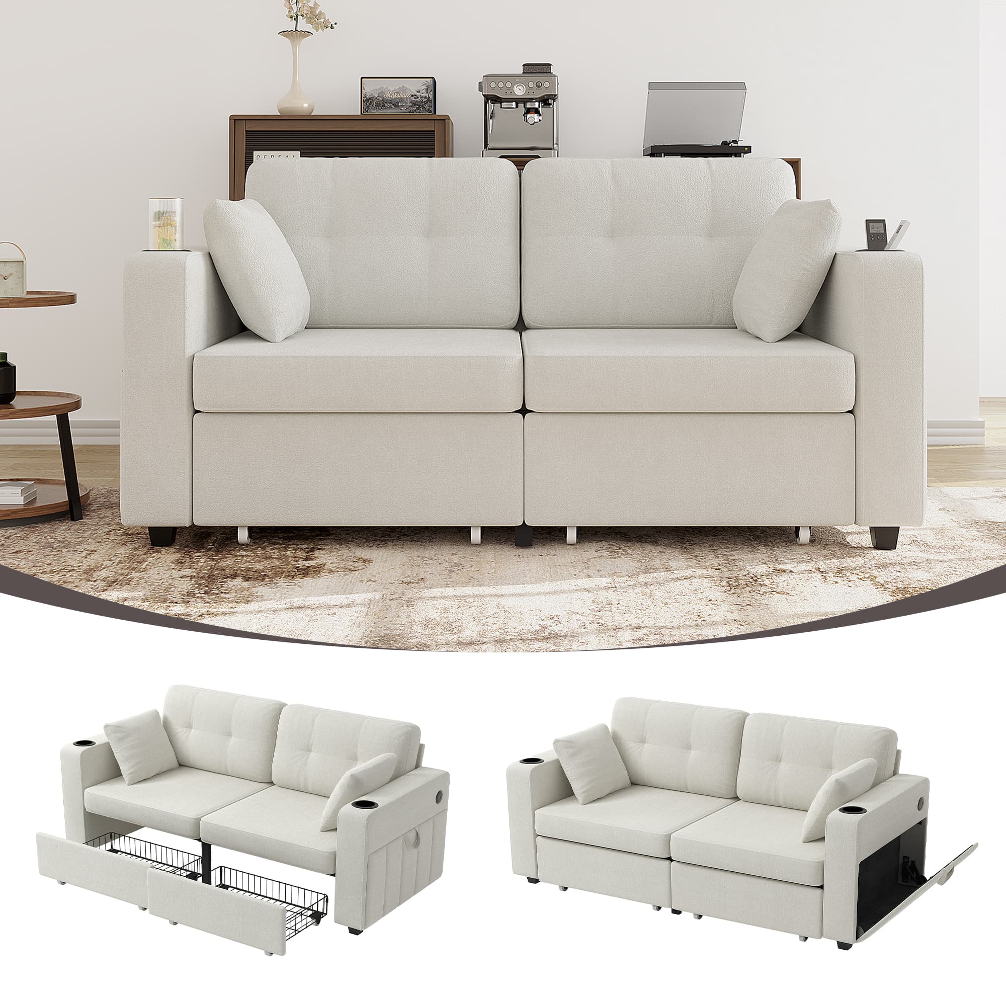Sofas For Living Room, Couch Set,3 Seats Sofa, USB Charging,Wood Frame,Easy To Install,with Storage, Charging Station,Cup Holder,Modern Sectional Sofas For Living Room, Apartment,Chenille Fabric 3