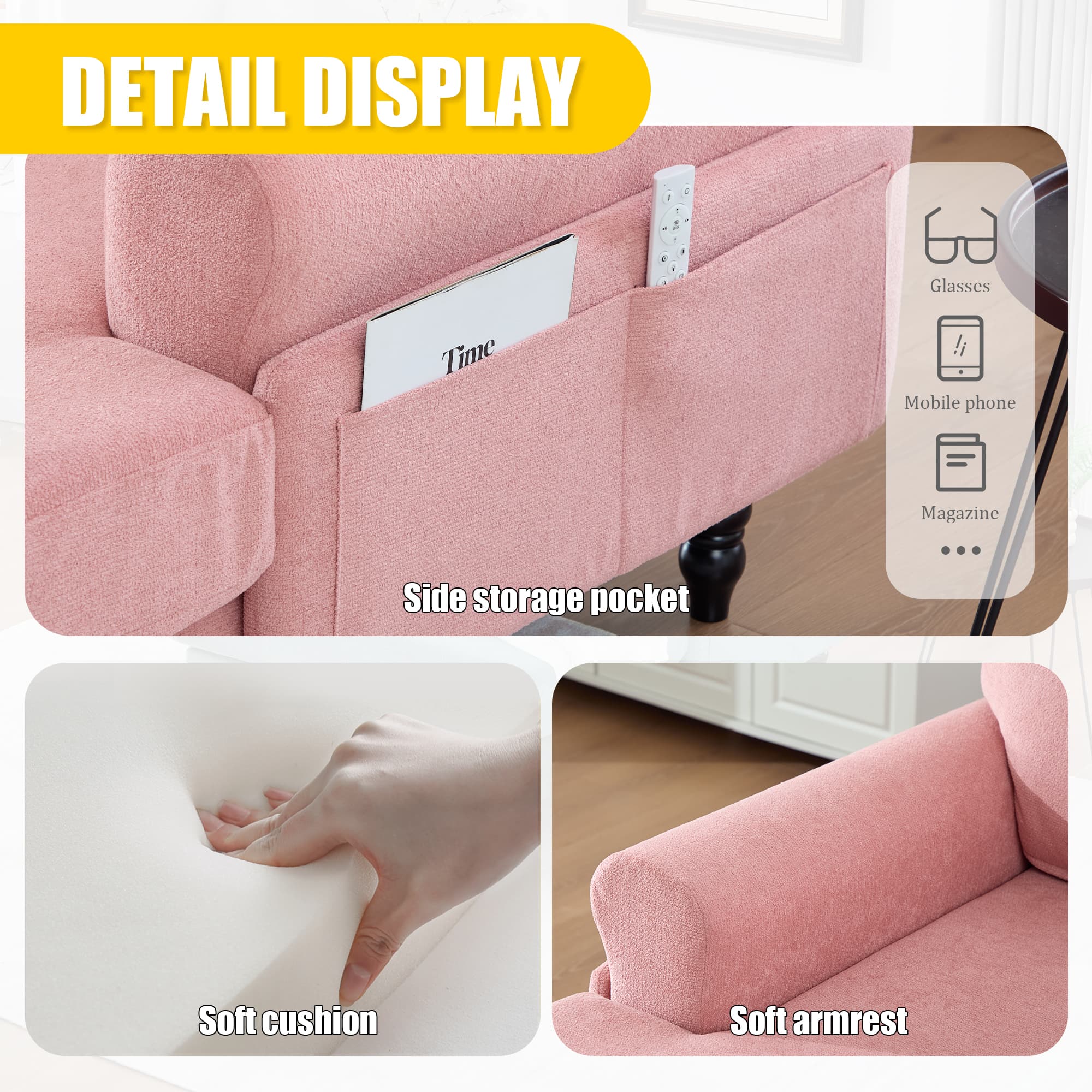 Modern Minimalist Chenille Fabric Chaise Lounge Recliner Single Sofa Living Room Bedroom Rest Chair Wooden Sofa Legs With Comfortable Backrest And Armrests Side Pockets For Storage Suitable For Office
