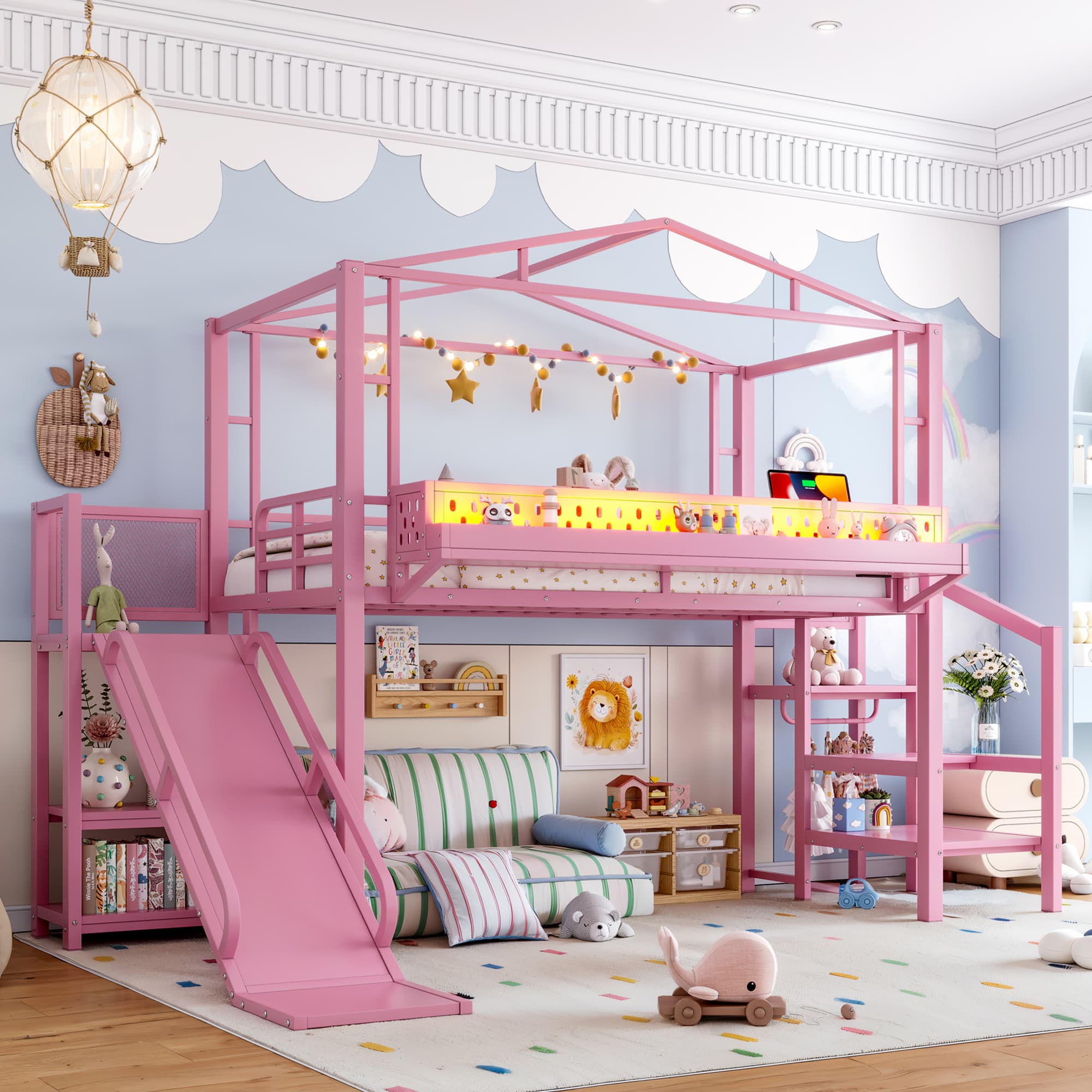 Twin Size Loft Bed With Storage Stairs, Shelves And Built-in Wardrobe, Metal Loft Bed Frame With USB Ports And LED Lights, Noise-reduced Design, Pink