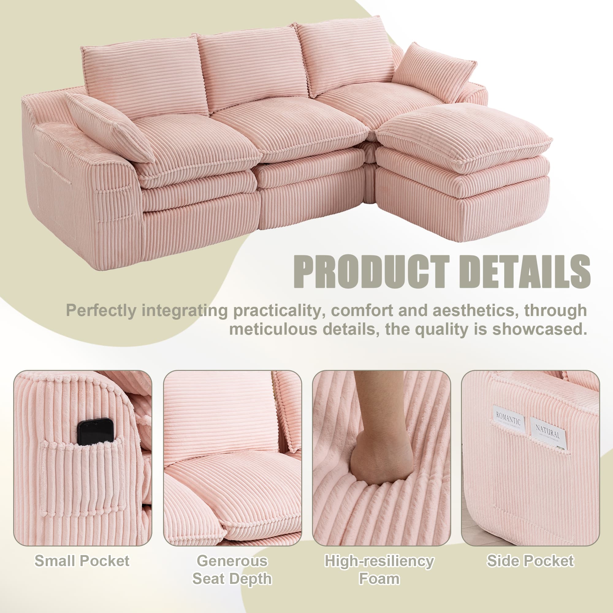 L Shaped Compressed Modular Sectional Sofa Modern Corduroy Upholstered Boneless Couches With Movable Footstool,With Three Pillows And Two Lumbar Pillows,Detachable Cloud Seat Cushions 4