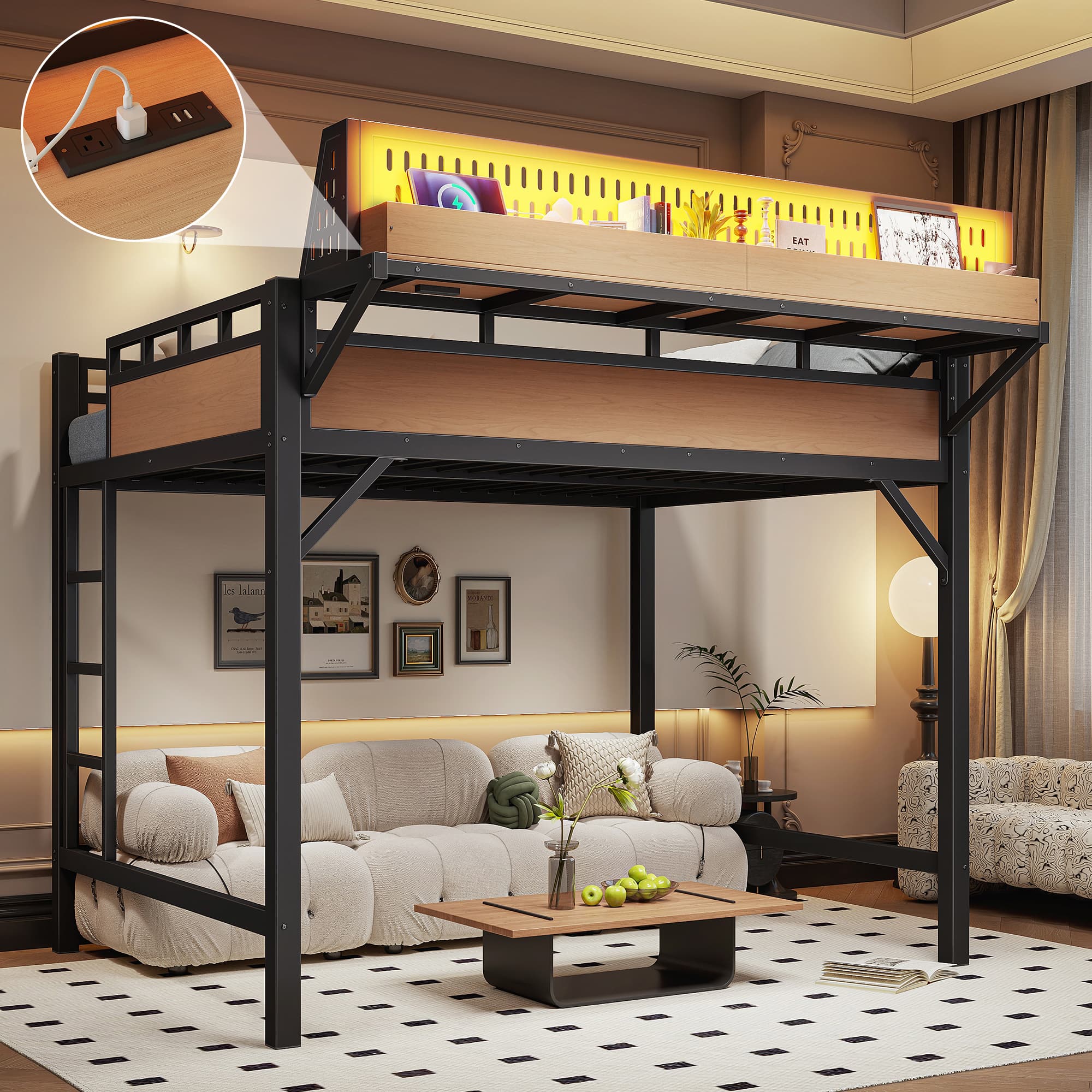 Full Size Loft Bed Frame With Storage Shelves And Pegboard, Metal Loft Bed With USB Ports And LED Lights, Safe And Sturdy, Natural 4