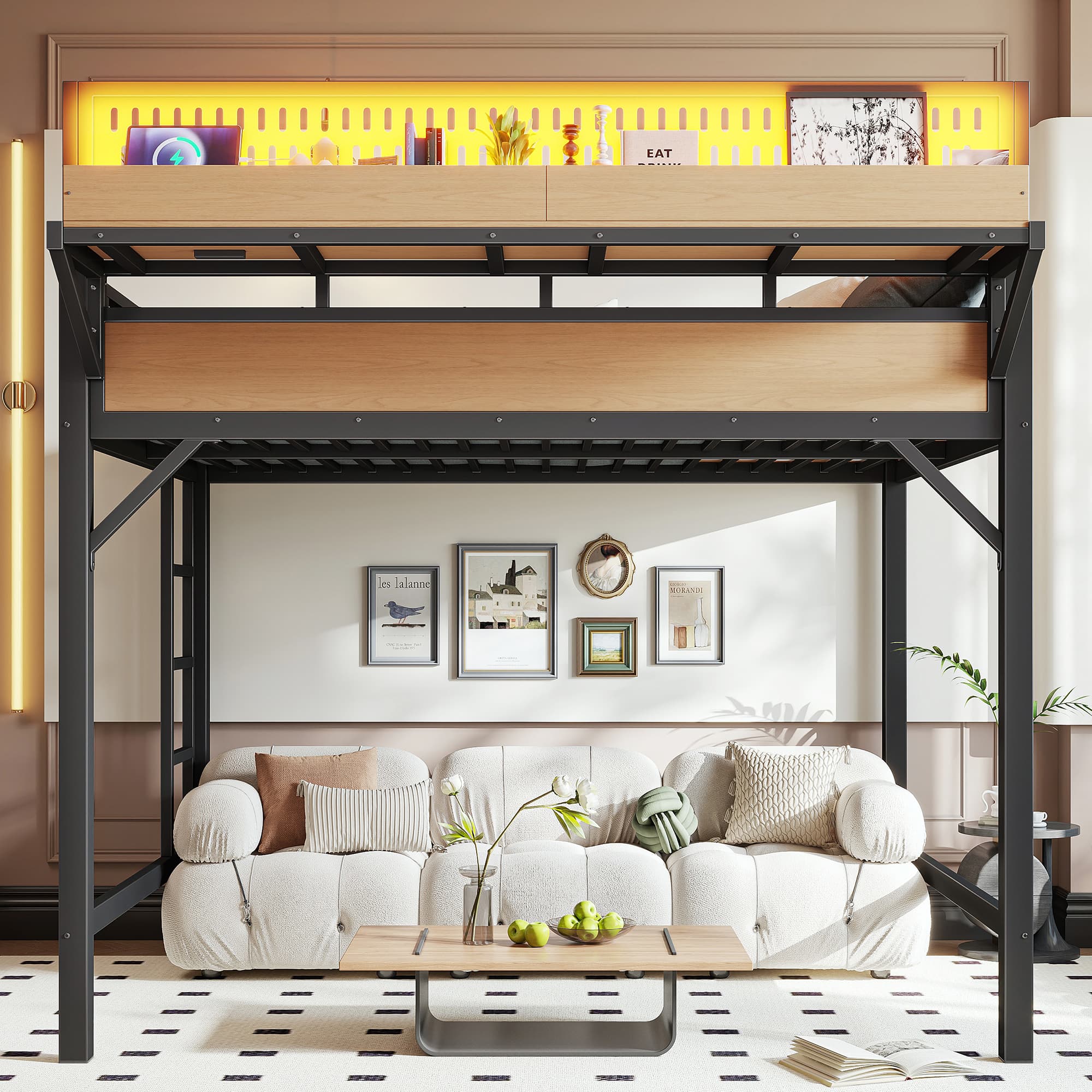 Full Size Loft Bed Frame With Storage Shelves And Pegboard, Metal Loft Bed With USB Ports And LED Lights, Safe And Sturdy, Natural 2