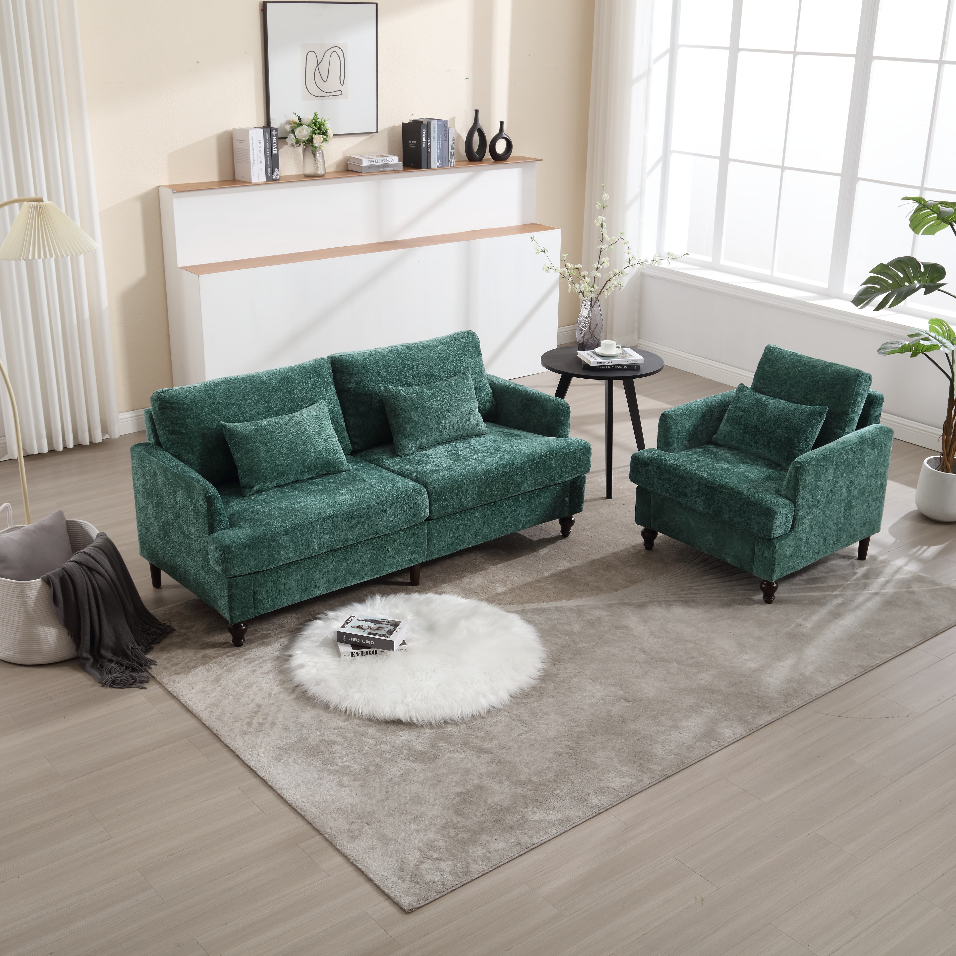 Mid Century Modern Chenille Fabric Loveseat Sofa, 2-Seat Upholstered Loveseat Sofa Modern Couch For Living Room,Brown Wood Feet Sofa For Bedroom, Reading  Emerald Chenille