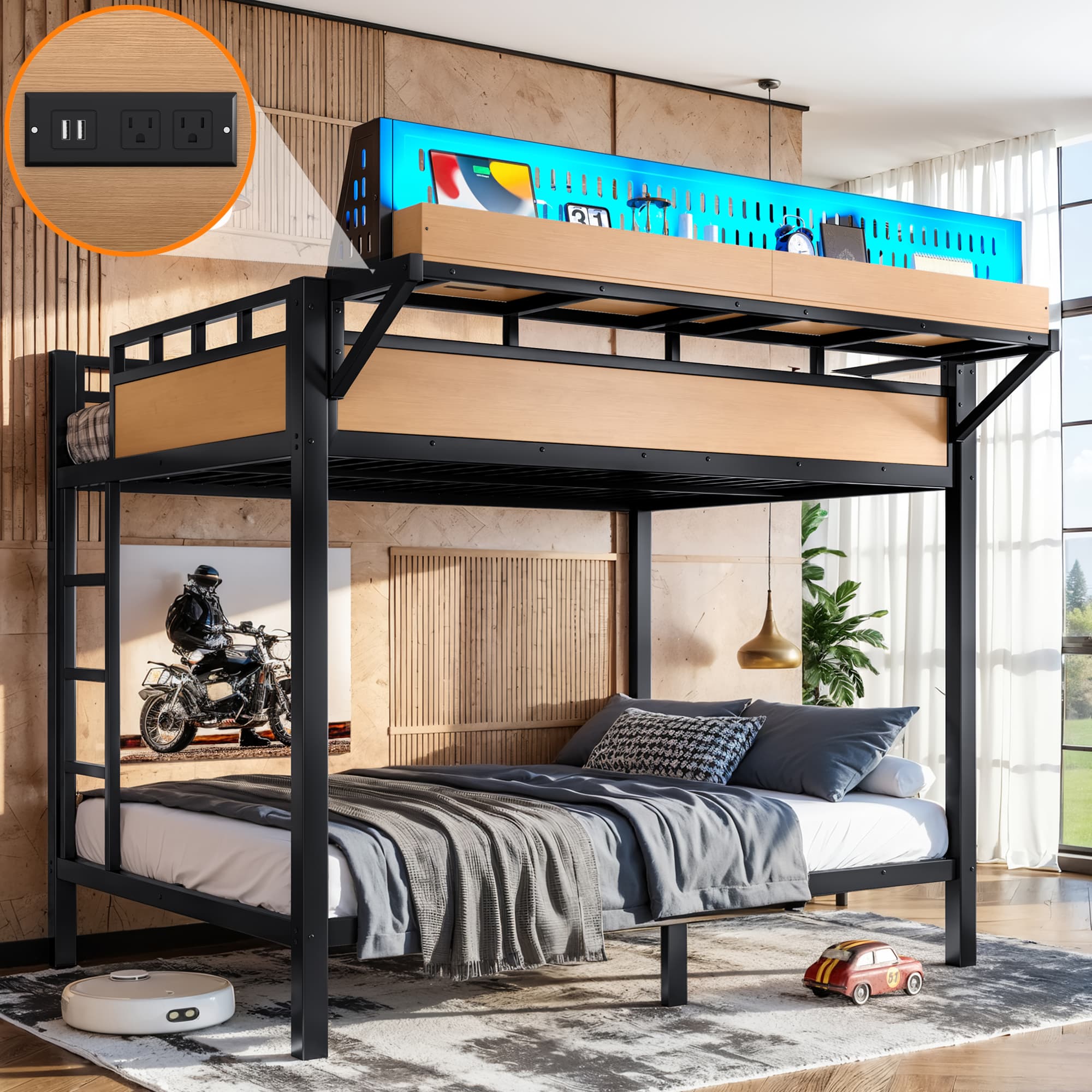 Full Over Full Size Metal Bunk Bed With Storage Shelves And Pegboard, Bunk Bed Frame With USB Ports And LED Lights, Space-Saving, For Teens And Adults, Natural 2