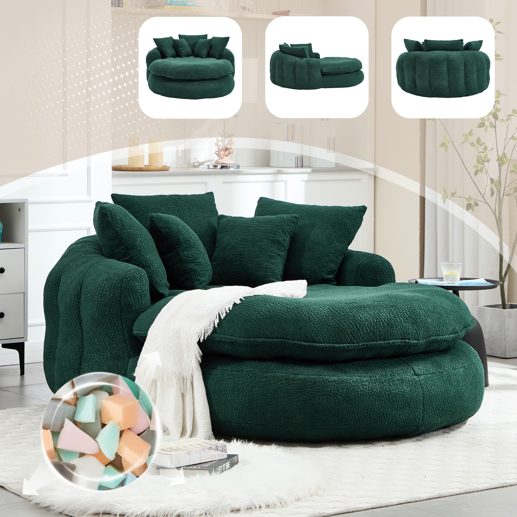 Oversized Oval Upholstered Bean Bag Sofa, Lazy Sofa With 3 Large Pillows And 2 Small Pillows, Wrap Around Backrest For Adults, Chenille Fabric Lazy Floor Bean Bag Sofa