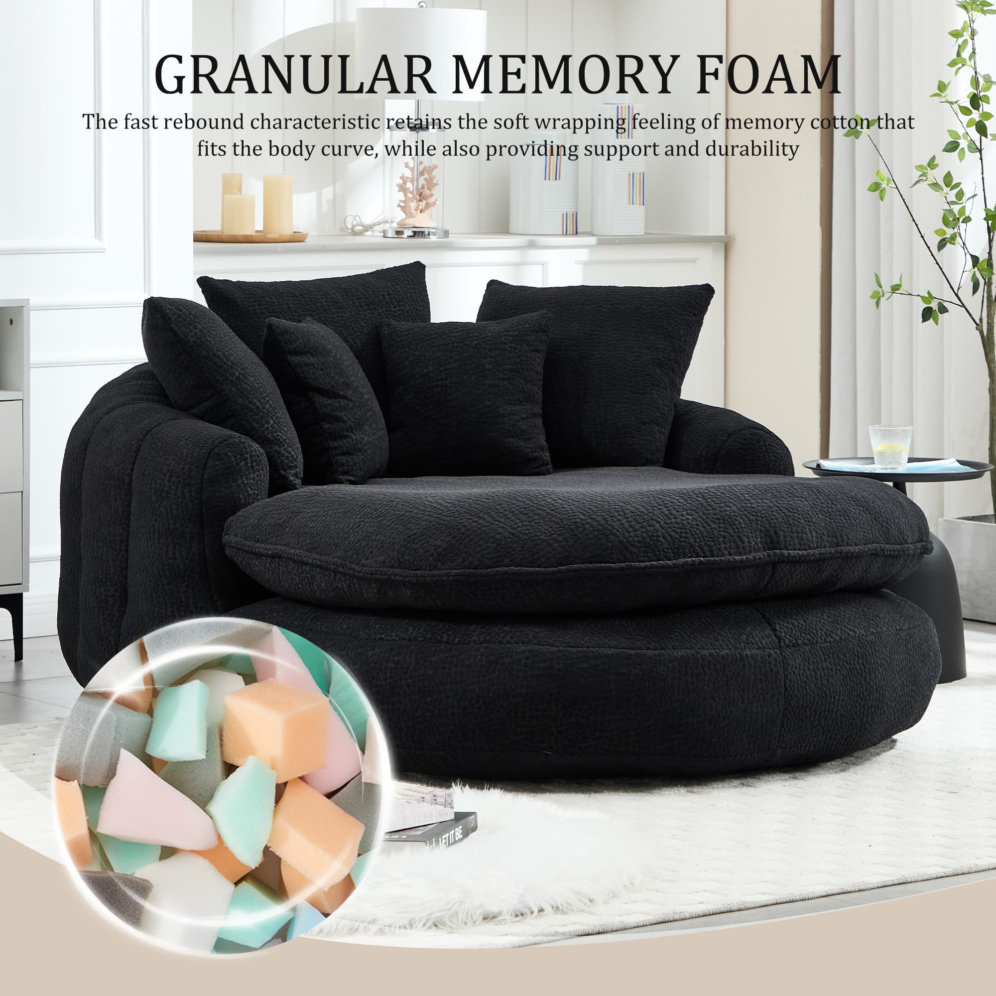 Oversized Oval Upholstered Bean Bag Sofa, Lazy Sofa With 3 Large Pillows And 2 Small Pillows, Wrap Around Backrest For Adults, Chenille Fabric Lazy Floor Bean Bag Sofa