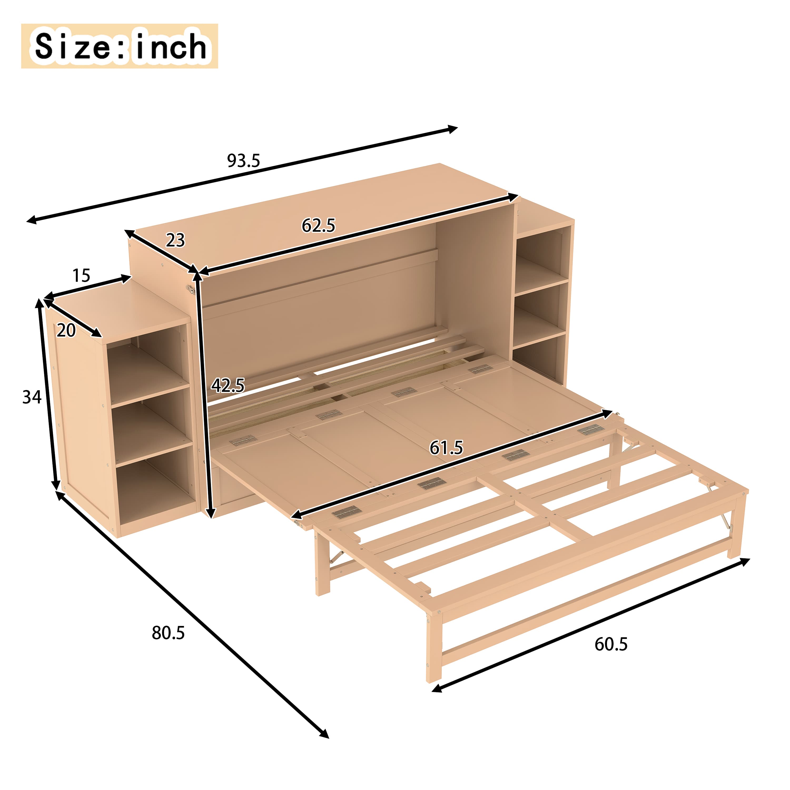 Queen Size Murphy Bed With Spacious Storage Drawers And Shelves, Ideal For Guest Rooms Or Compact Bedrooms,Golden 5