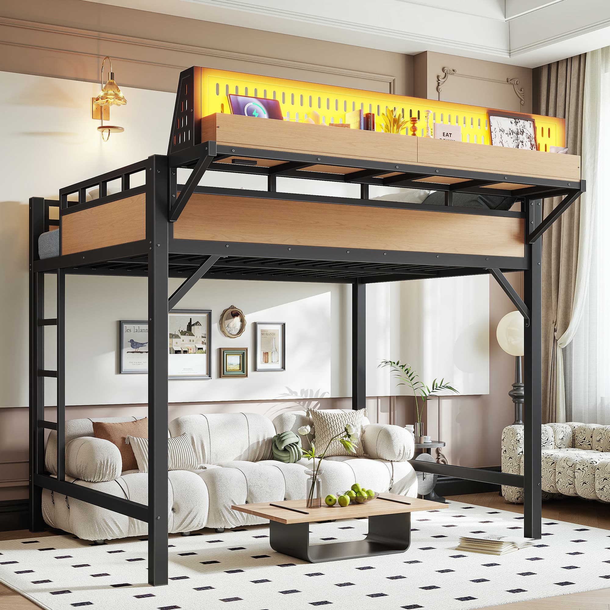 Full Size Loft Bed Frame With Storage Shelves And Pegboard, Metal Loft Bed With USB Ports And LED Lights, Safe And Sturdy, Natural 3