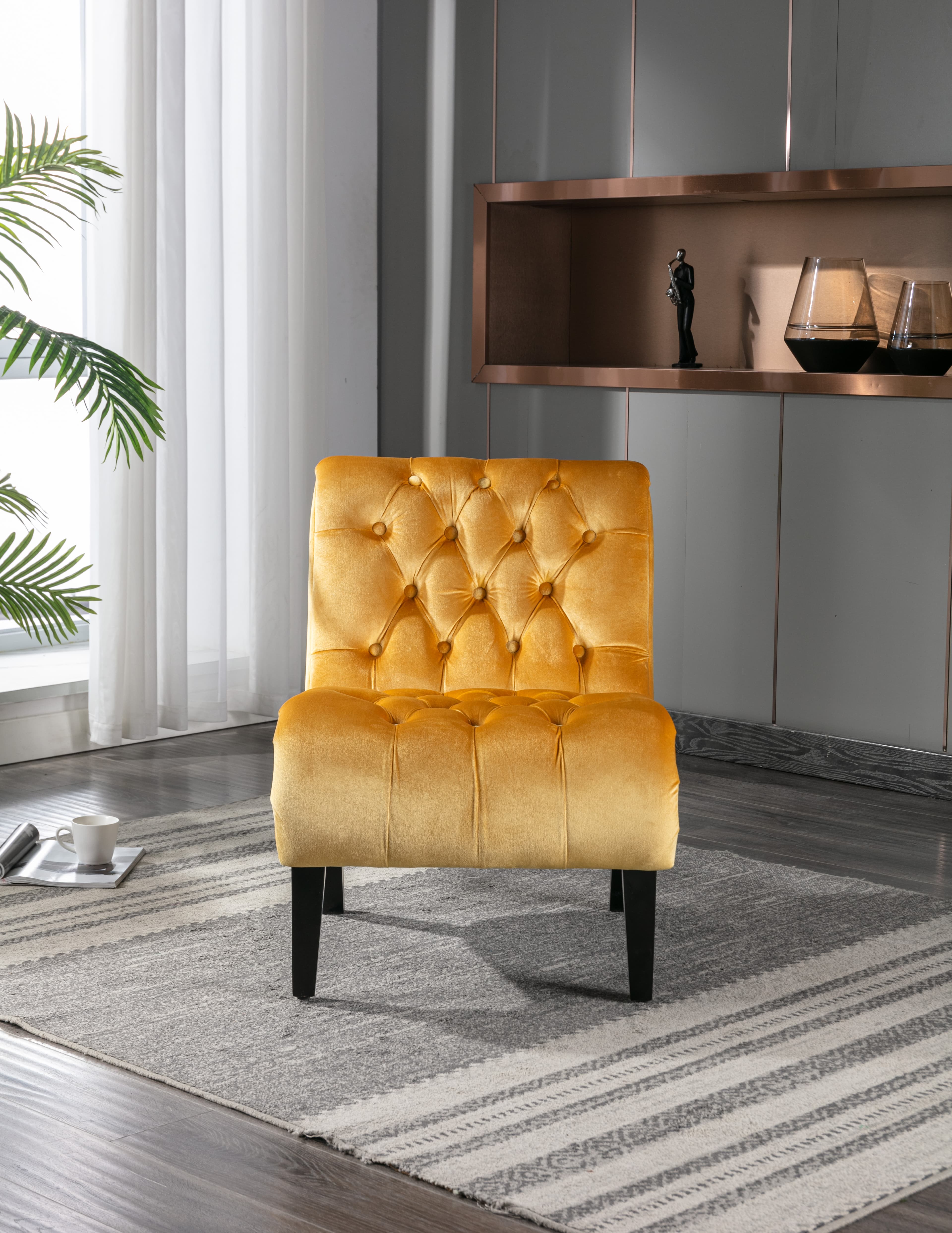 COOLMORE Modern Velvet Armless Accent Living Room Chair   Leisure Chair,Upholstered Fabric Button Comfortable Chair With Wooden Legs For Bedroom, Living Room, Office  Mustard Velvet 3