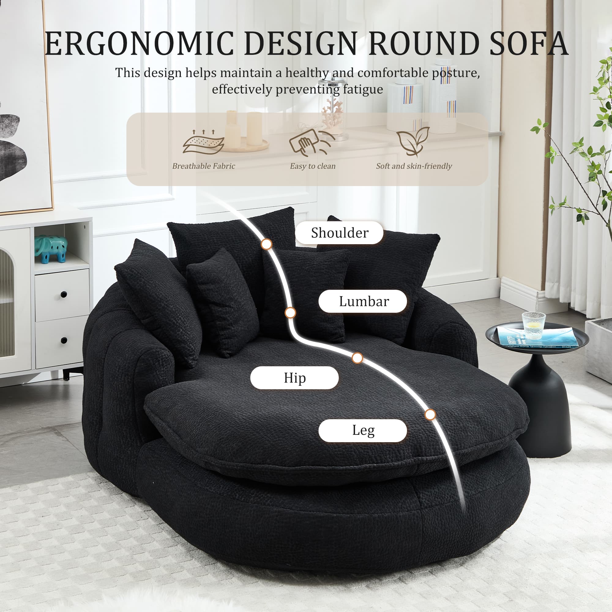 Oversized Oval Upholstered Bean Bag Sofa, Lazy Sofa With 3 Large Pillows And 2 Small Pillows, Wrap Around Backrest For Adults, Chenille Fabric Lazy Floor Bean Bag Sofa 4
