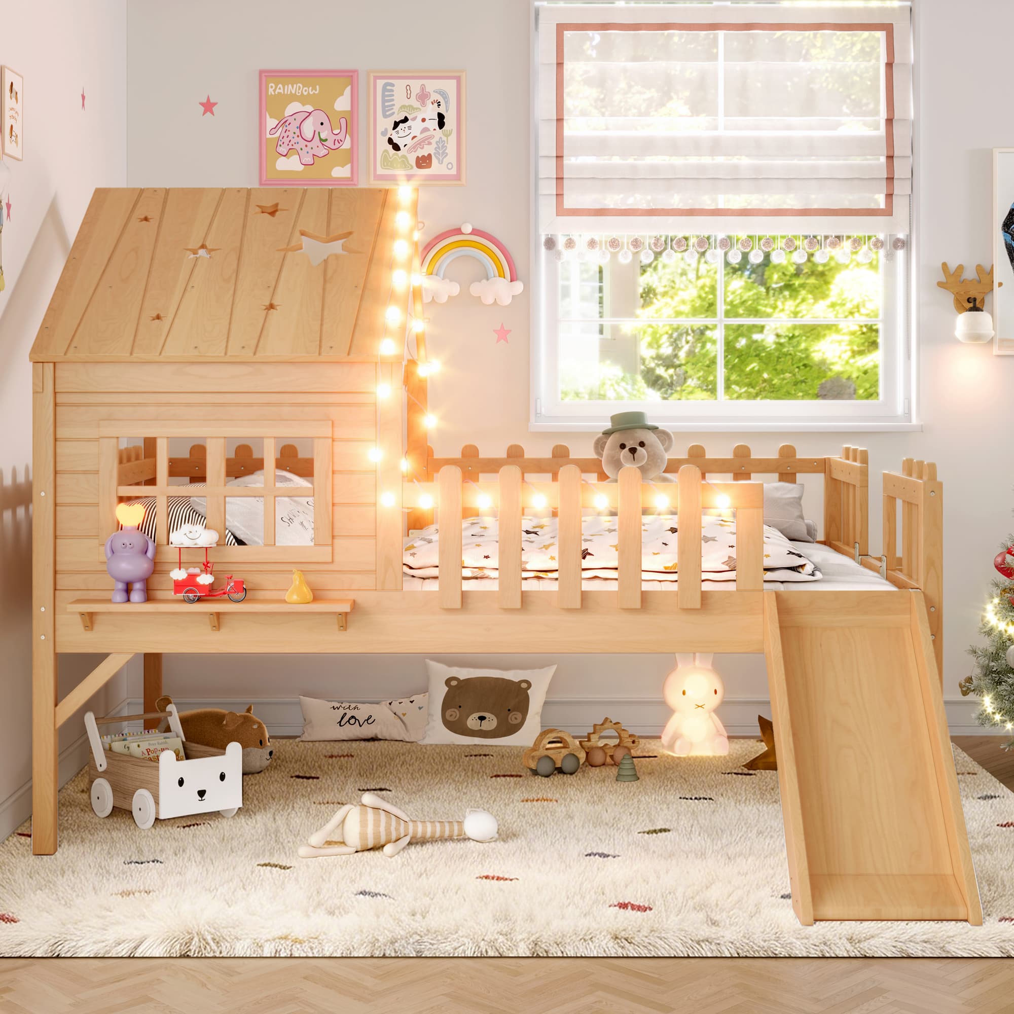 Full  Size House Loft Bed With Slide,Playhouse Bed With Star-shaped Designs And Window, Chic Design With LED Lights,No Box Spring Needed,Natural
