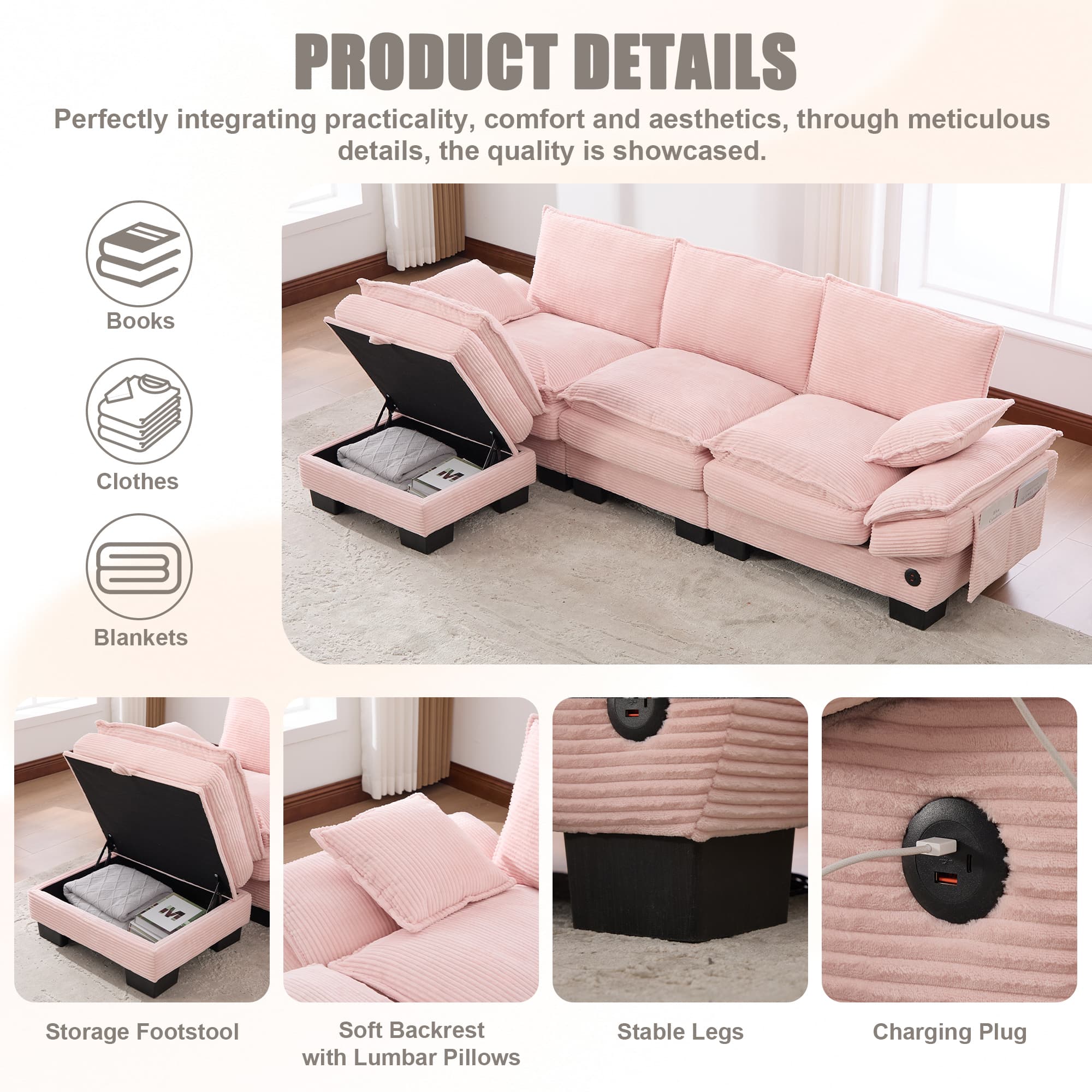 Sectional Cloud Modular Sofa,Deep Seat Sofa, Corduroy Sofa,Comfy Upholstered Furniture For Living Room, Apartment, Studio, Office,Having Multiple Combinations 4