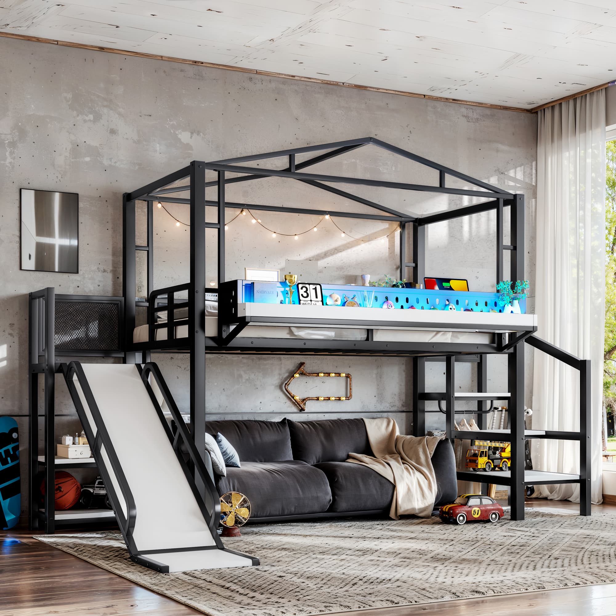 Twin Size Loft Bed With Storage Stairs, Shelves And Built-in Wardrobe, Metal Loft Bed Frame With USB Ports And LED Lights, Noise-reduced Design, Black
