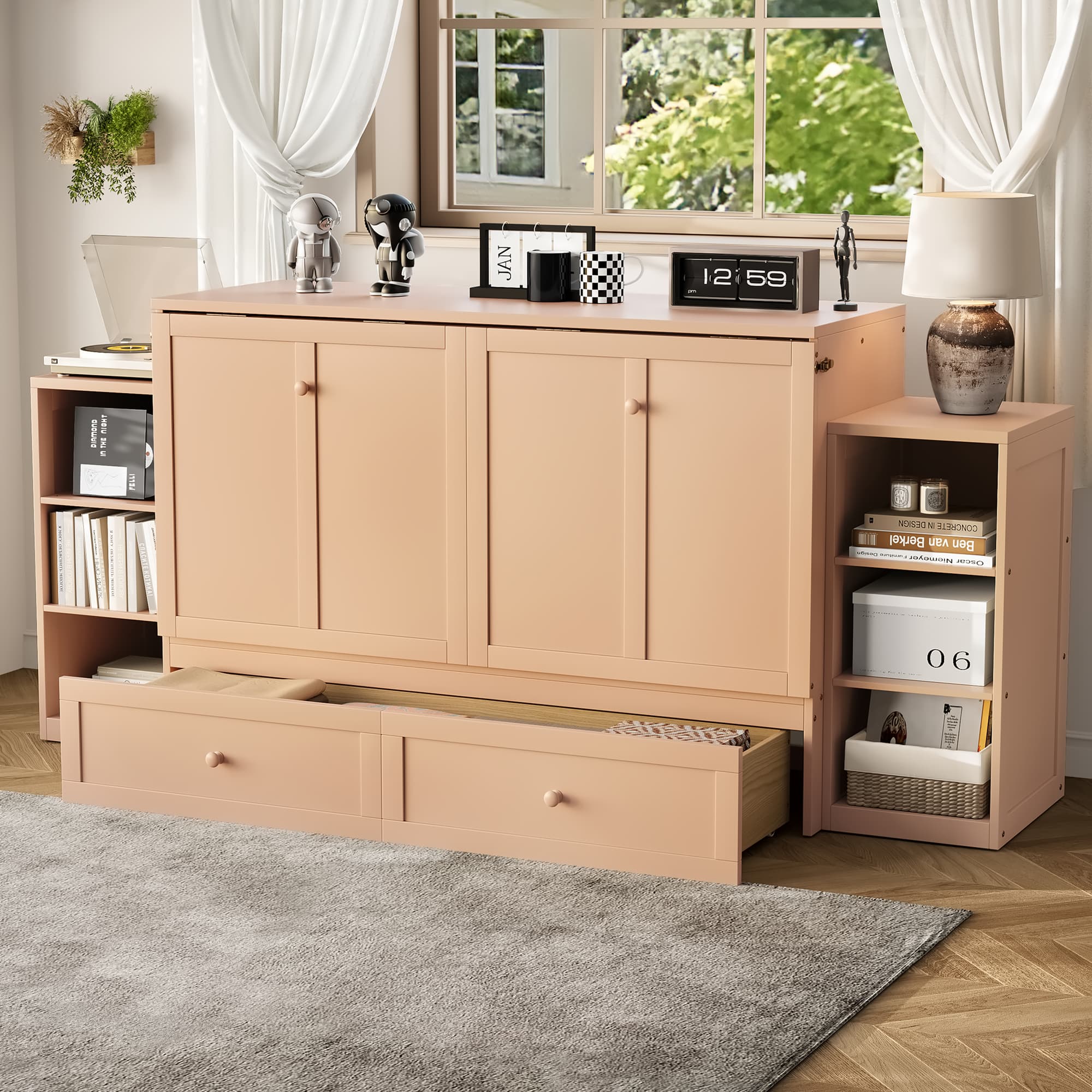 Queen Size Murphy Bed With Spacious Storage Drawers And Shelves, Ideal For Guest Rooms Or Compact Bedrooms,Golden 2
