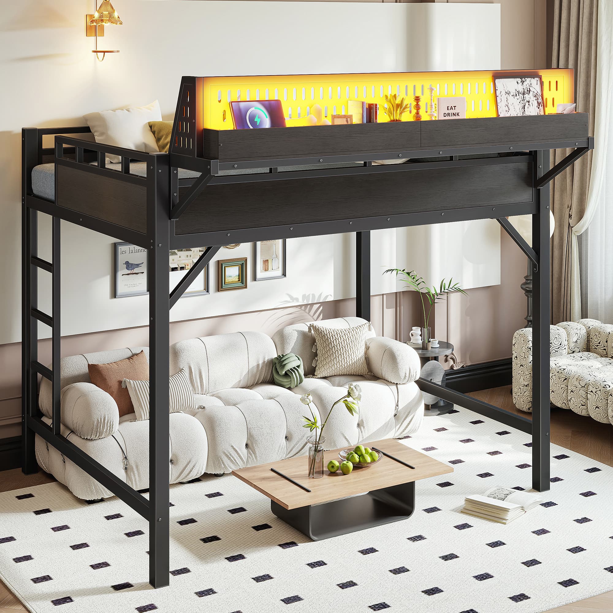 Ful Size Loft Bed Frame With Storage Shelves And Pegboard, Metal Loft Bed With USB Ports And LED Lights, Safe And Sturdy, Black